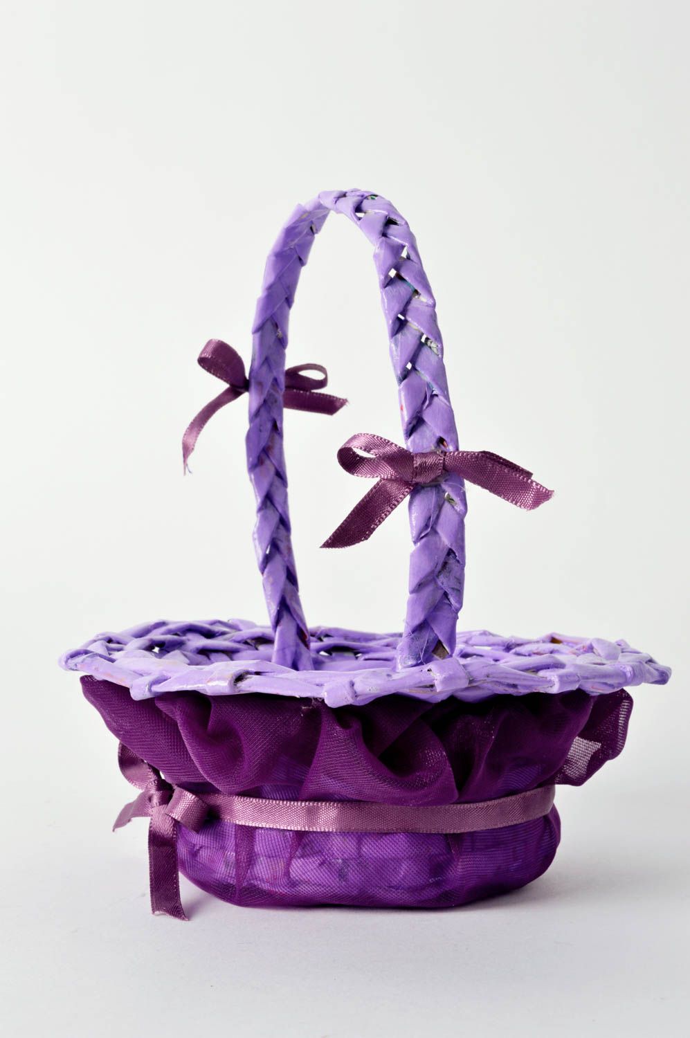 Cesta hecha a mano de mimbre de papel morada regalo para niña decoración de casa foto 3
