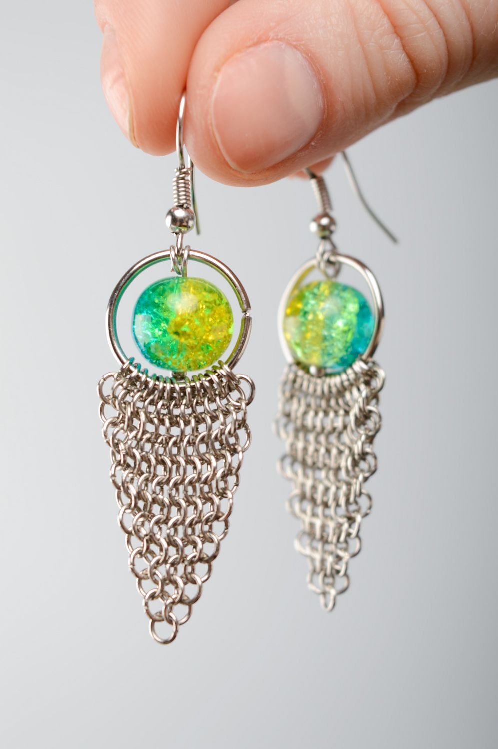 Handmade metal earrings with Czech glass bead photo 4