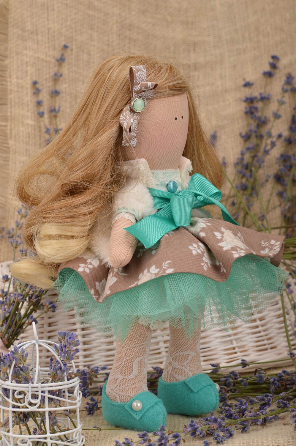Handmade designer jersey fabric soft doll in beige and turquoise dress photo 1