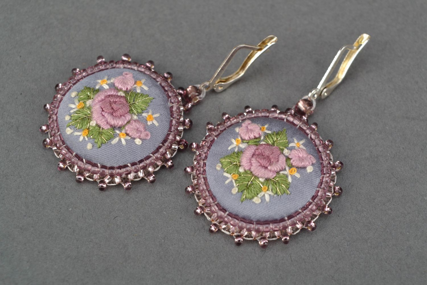 Embroidered round earrings Lilac photo 4