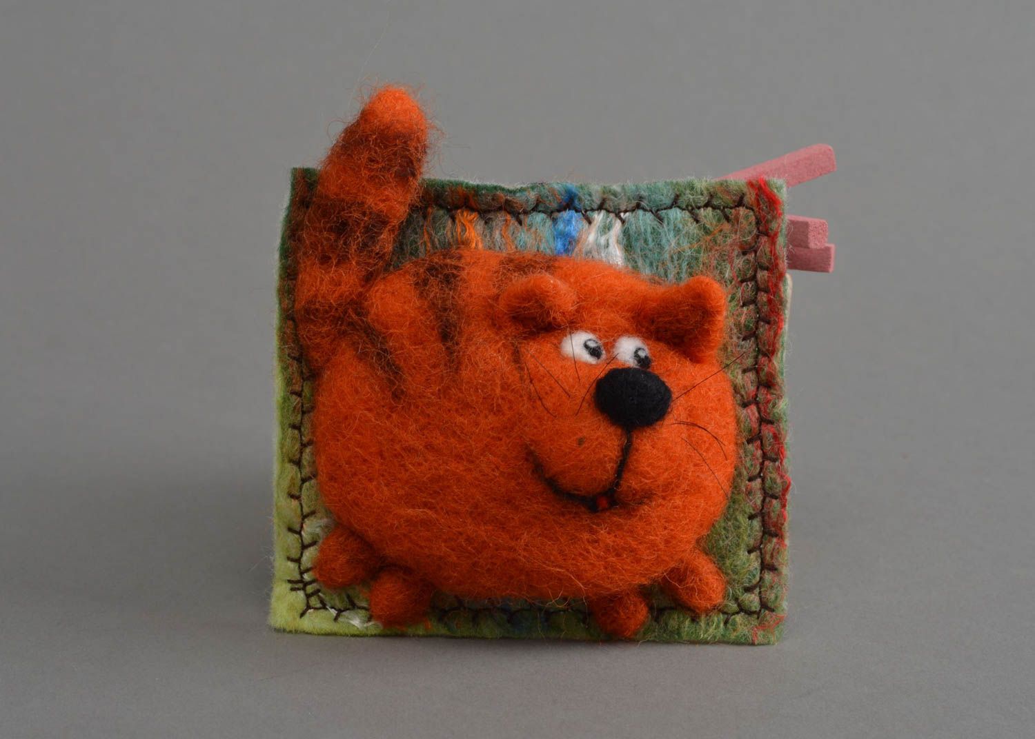 Unusual cute handmade bright fridge magnet made of wool in shape of cat photo 1