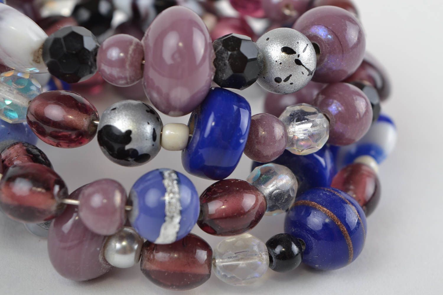 Handmade multi row wrist bracelet with glass beads in blue and violet colors photo 3