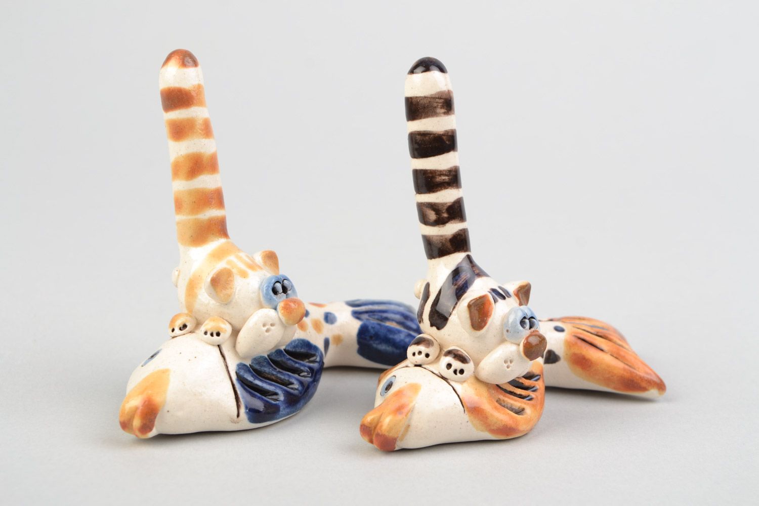 Set of 2 handmade glazed ceramic figurines stands for jewelry rings Cats  photo 1