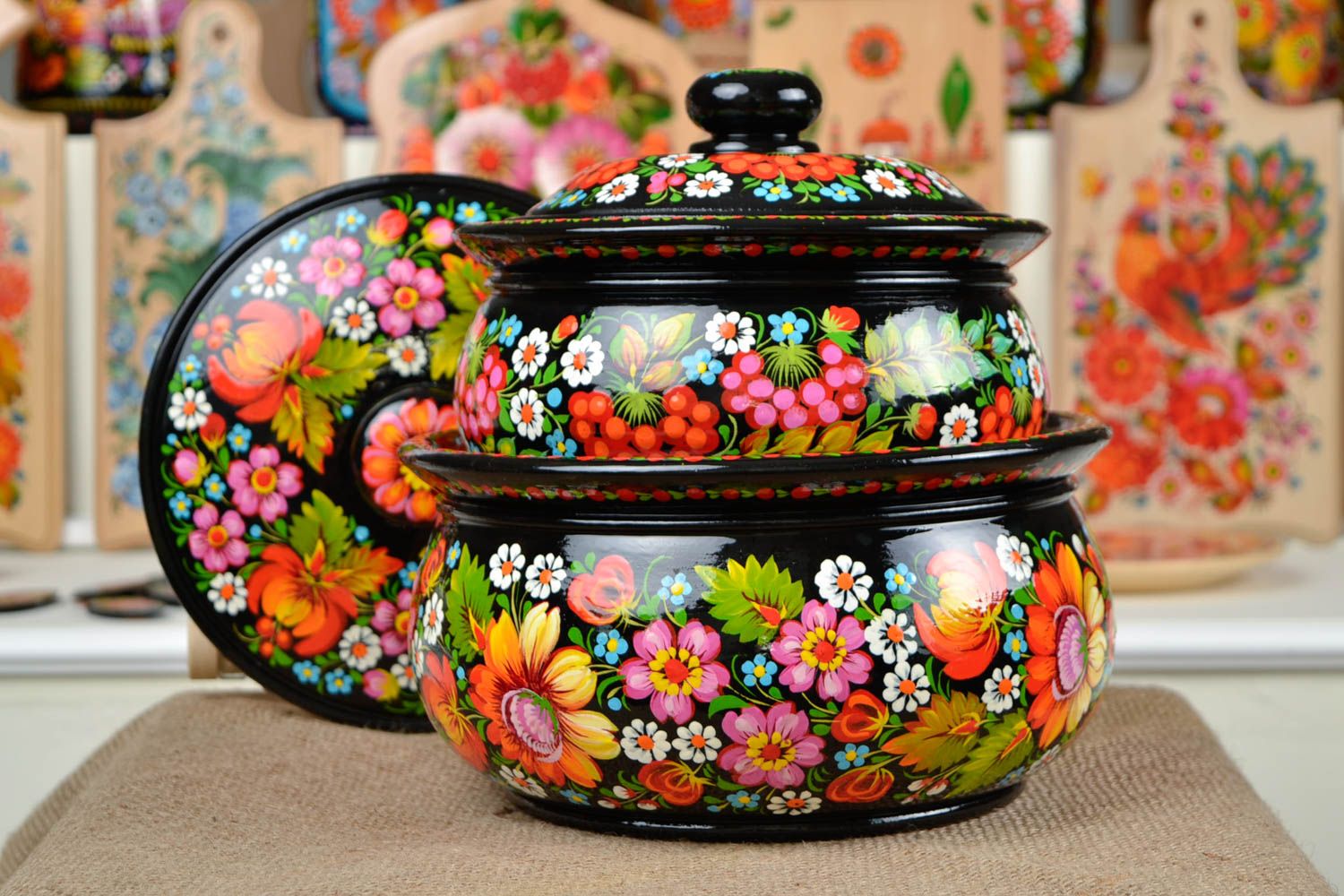Wooden soup tureen handmade designer pot unique Petrykivka painting kitchenware photo 1
