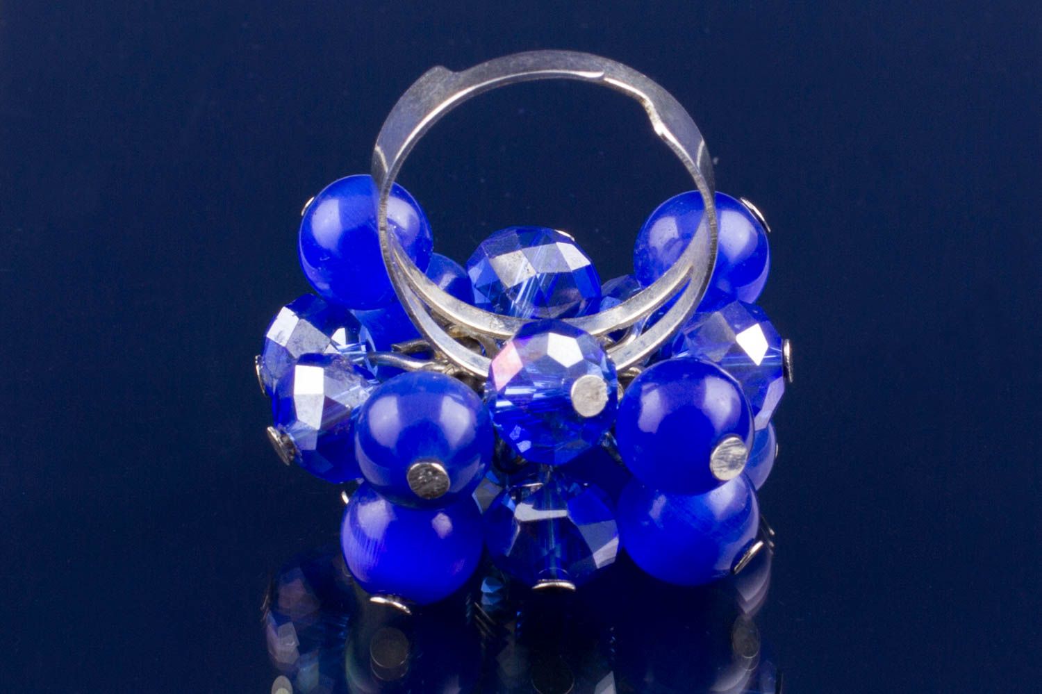 Grande bague en œil-de-chat et perles de cristal bleue faite main pour femme photo 5