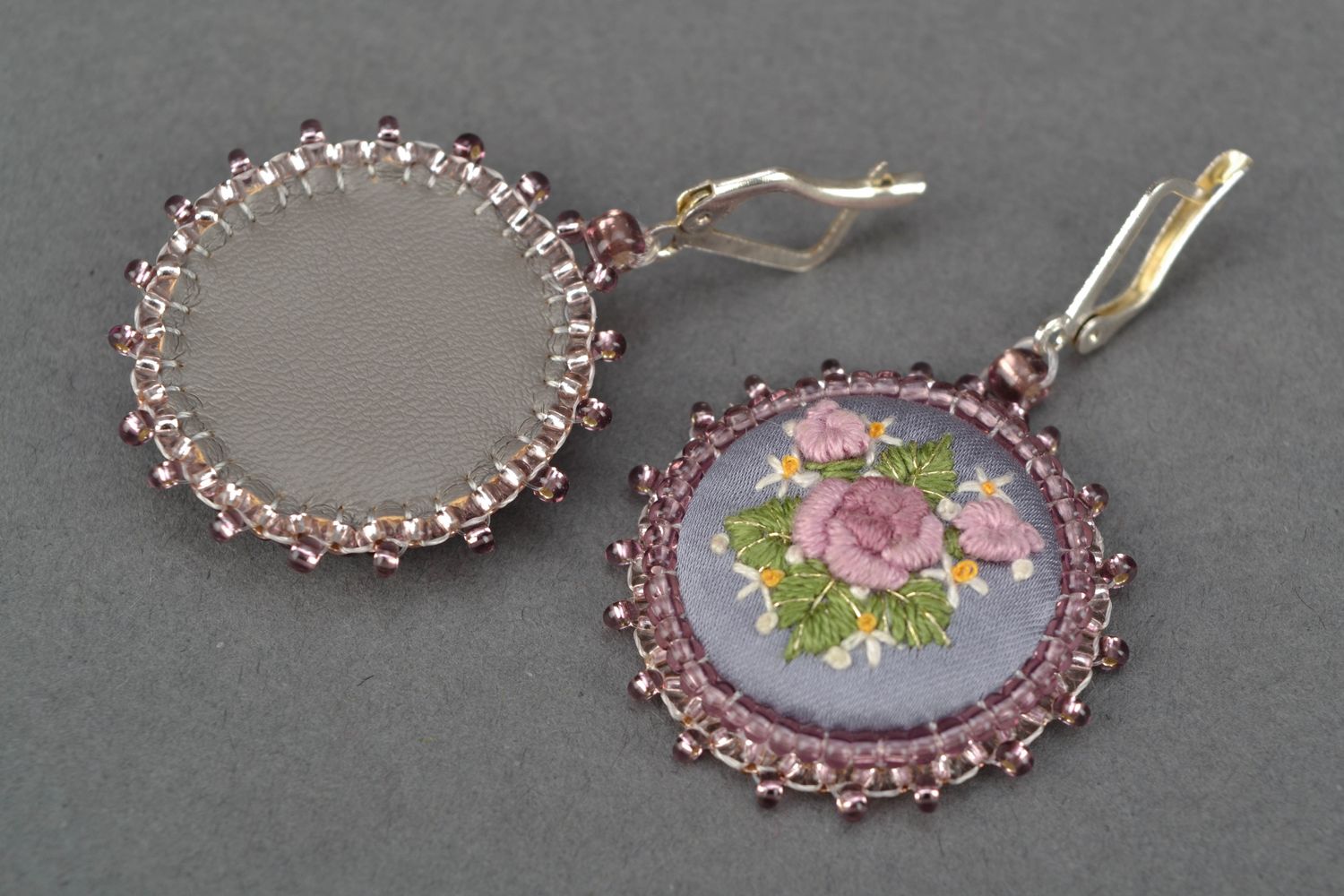 Embroidered round earrings Lilac photo 3