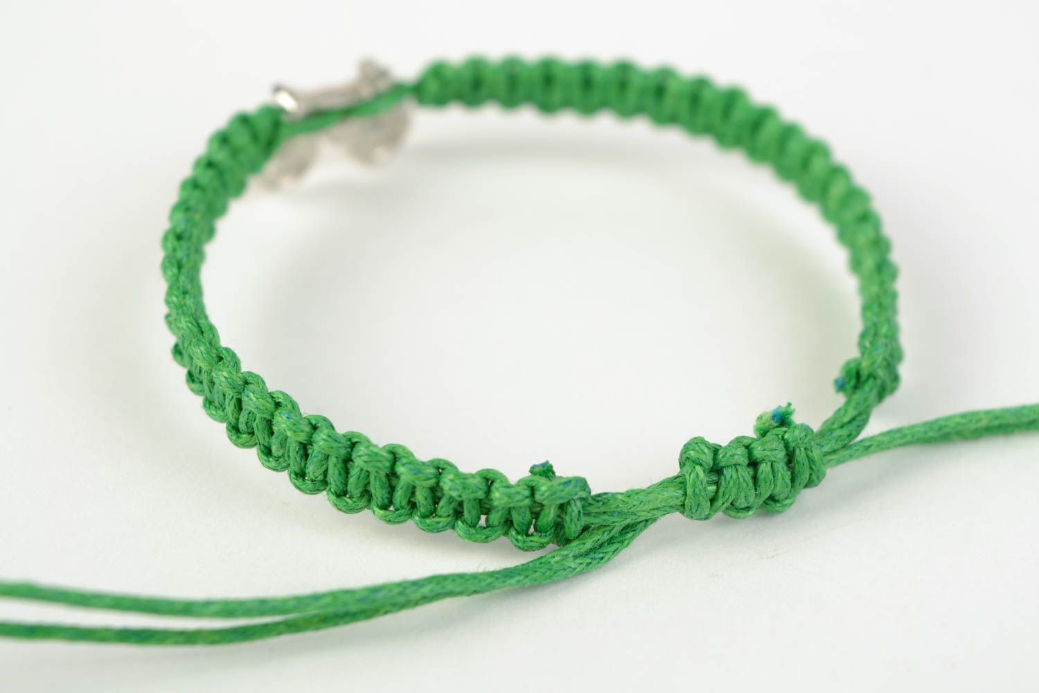 Handmade braided unisex stylish cord bracelet with charm Green Bicycle  photo 4