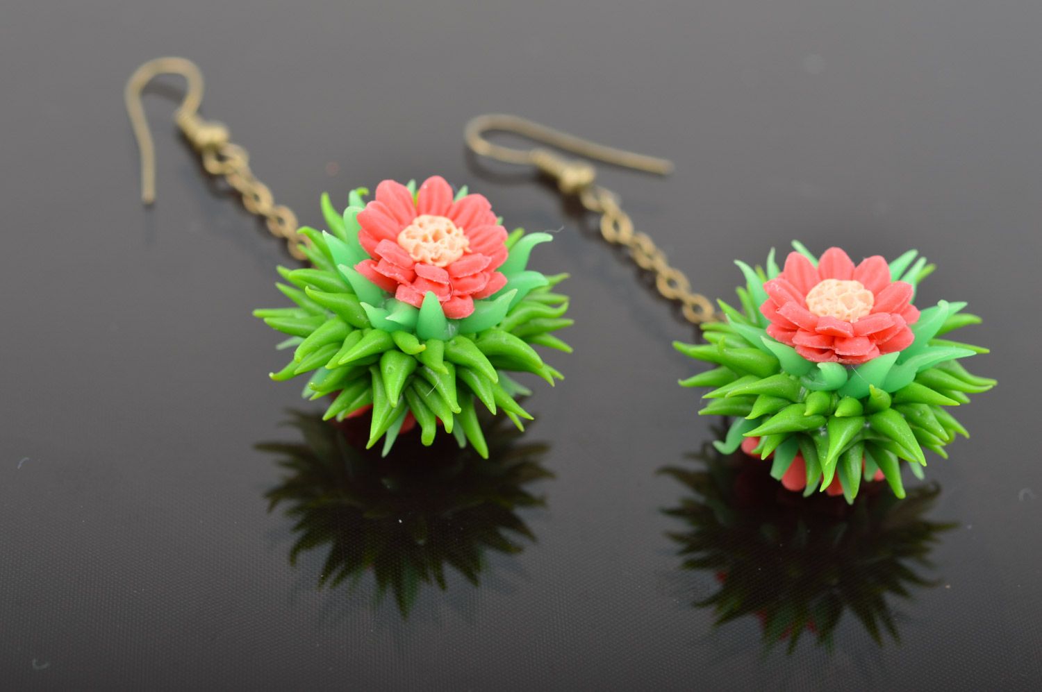 Bright handmade women's long plastic earrings in the shape of flowers photo 3