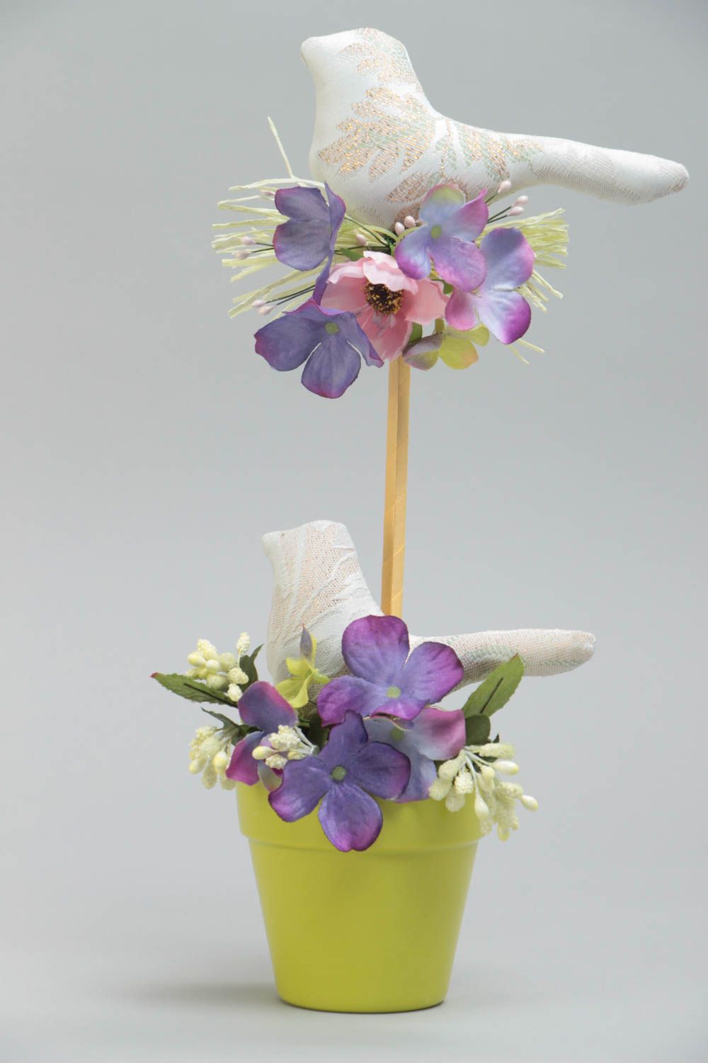 Pot de fleur artificielle en coton et sisal avec oiseaux blancs fait main photo 2
