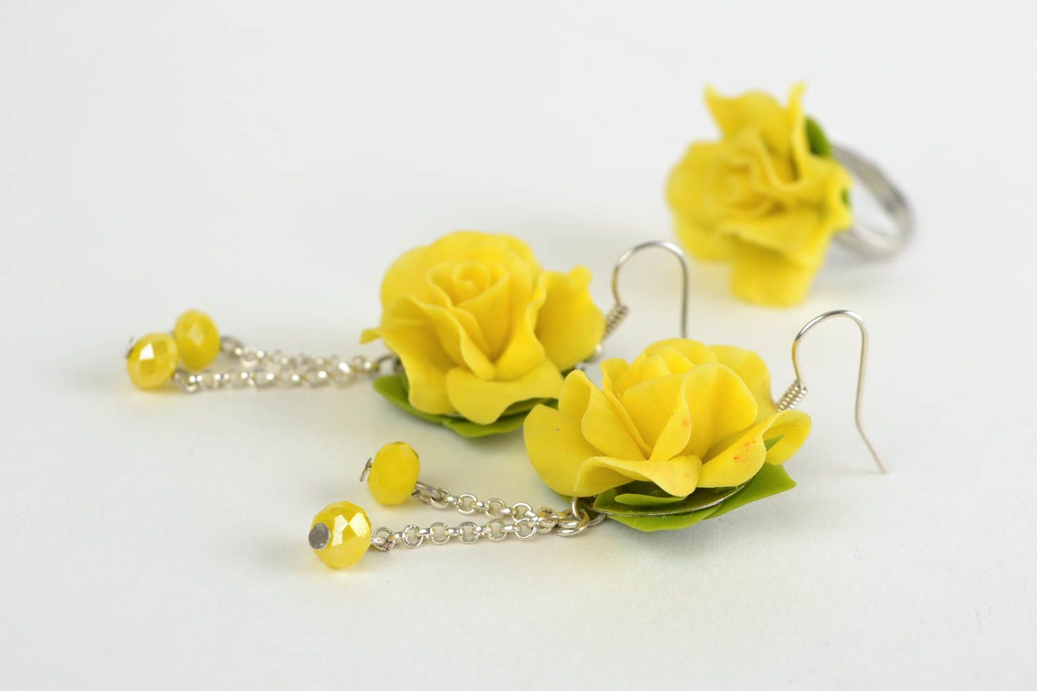 Set of handmade jewelry molded of cold porcelain earrings and ring Yellow Roses photo 3