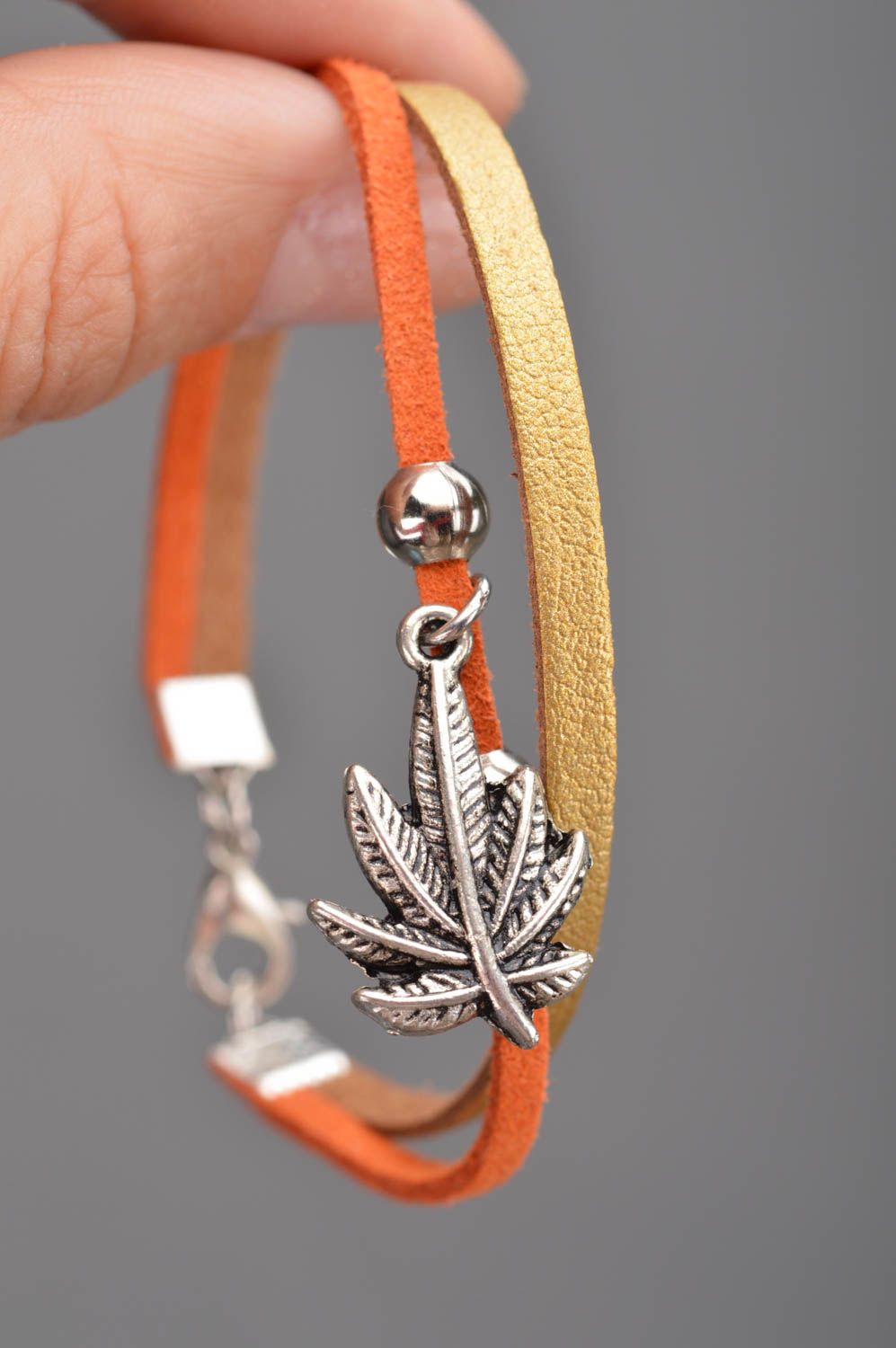 Handmade designer women's genuine leather cord bracelet with metal charm Leaf photo 5