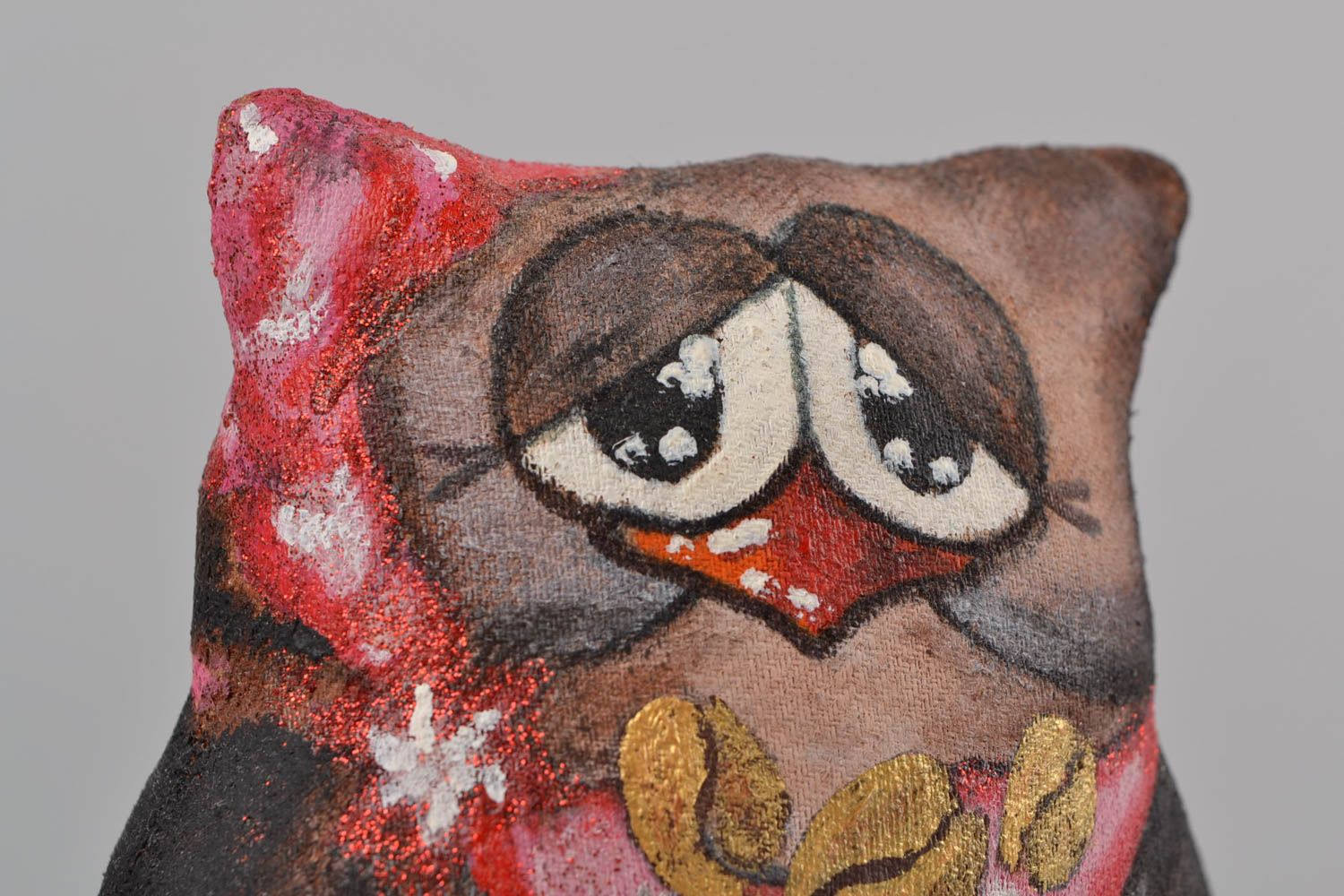 Jouet mou hibou parfumé en lin naturel fait main marron décoratif peint photo 4