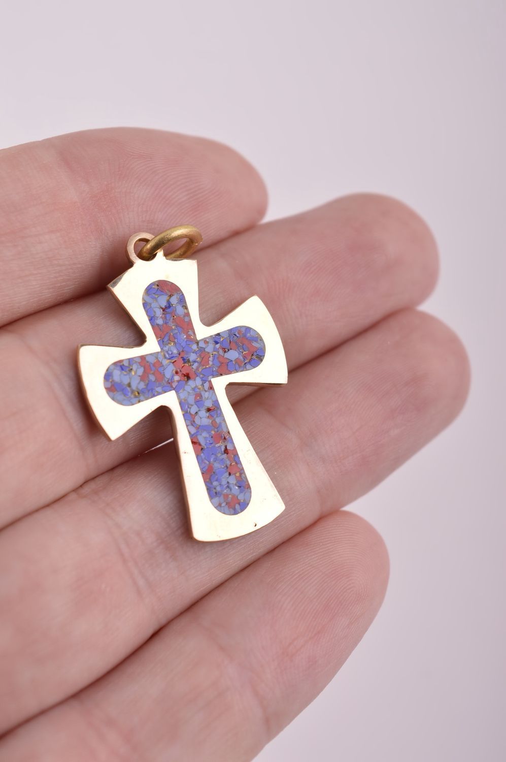 Крестик с камнями handmade подвеска на шею в виде креста украшение из латуни  фото 5