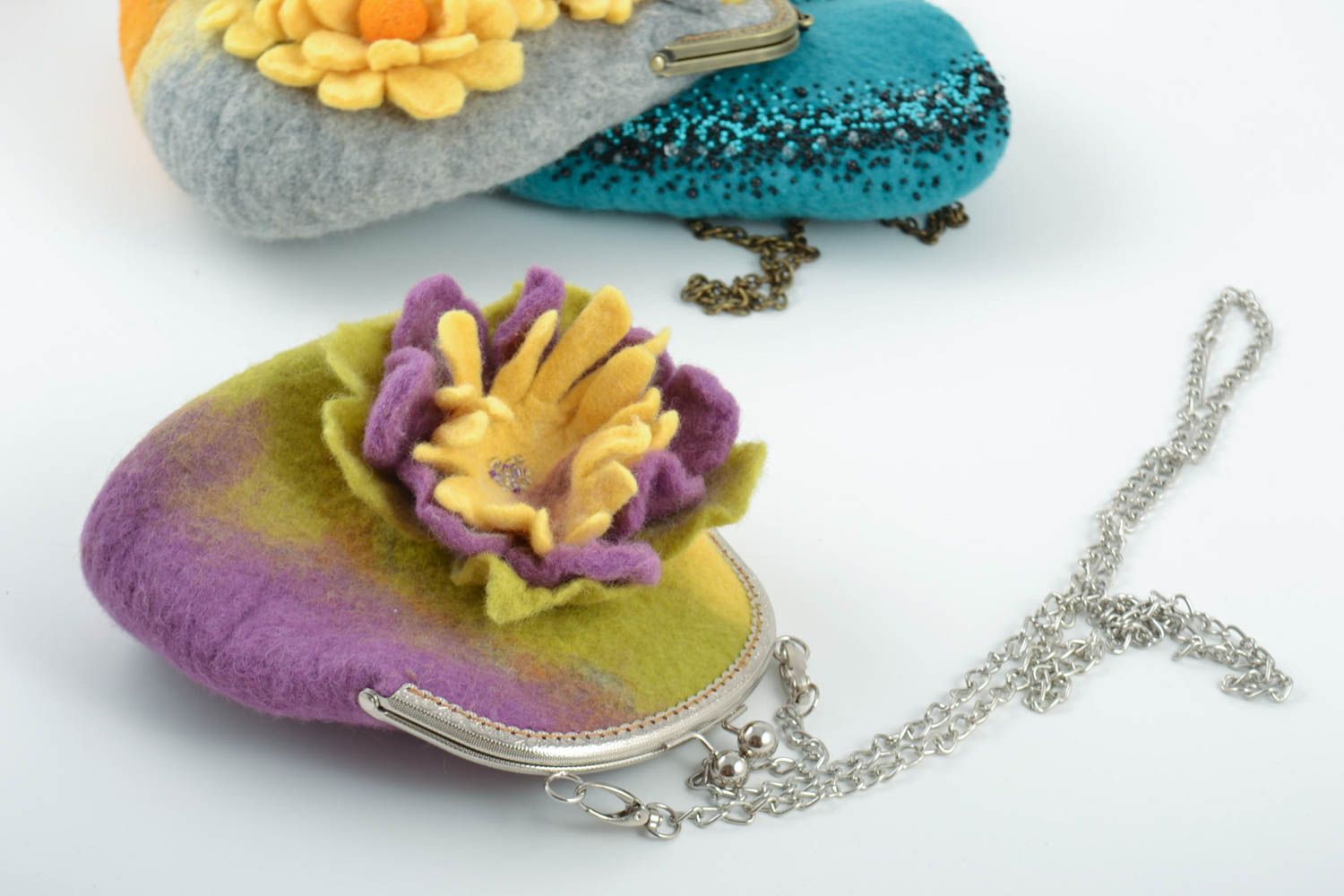Small unusual bright handmade designer felted wool shoulder bag with flower photo 1