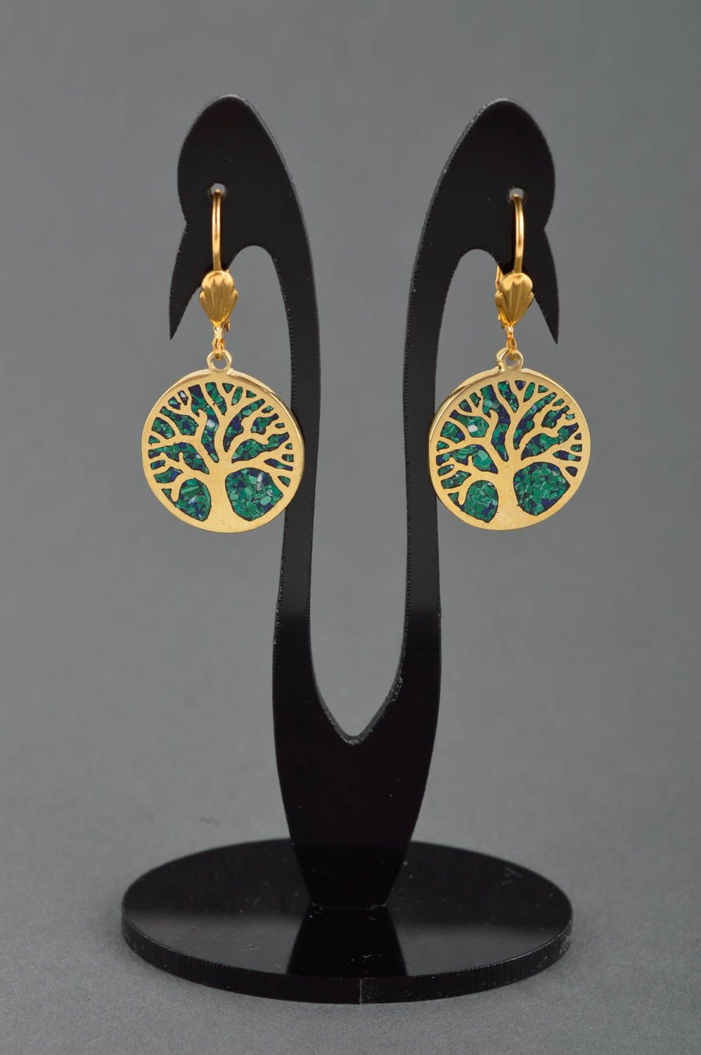 Metal earrings with natural stones handmade brass earrings metal bijouterie photo 1