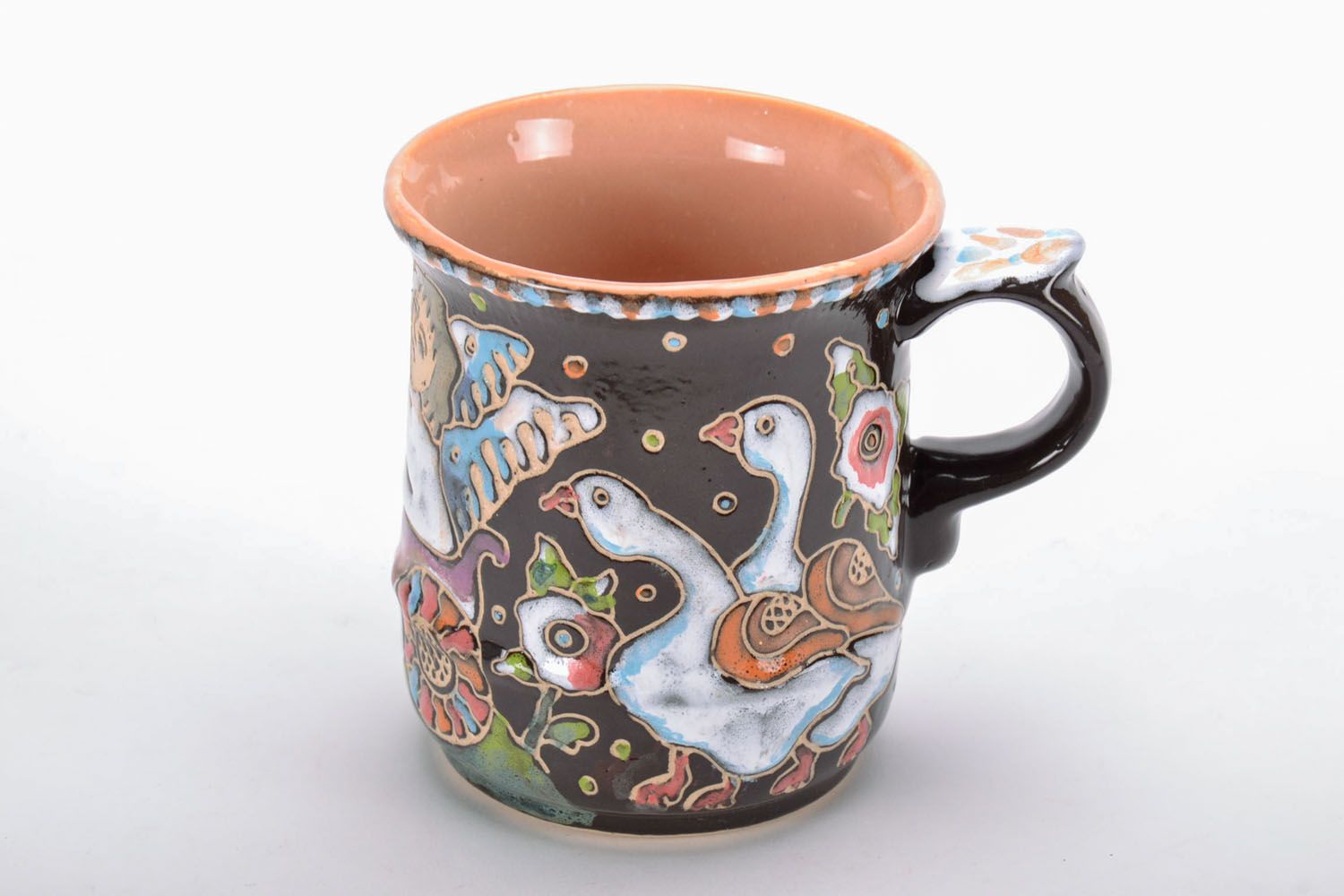 Decorative art glazed coffee mug with handle and funny goose pattern photo 2