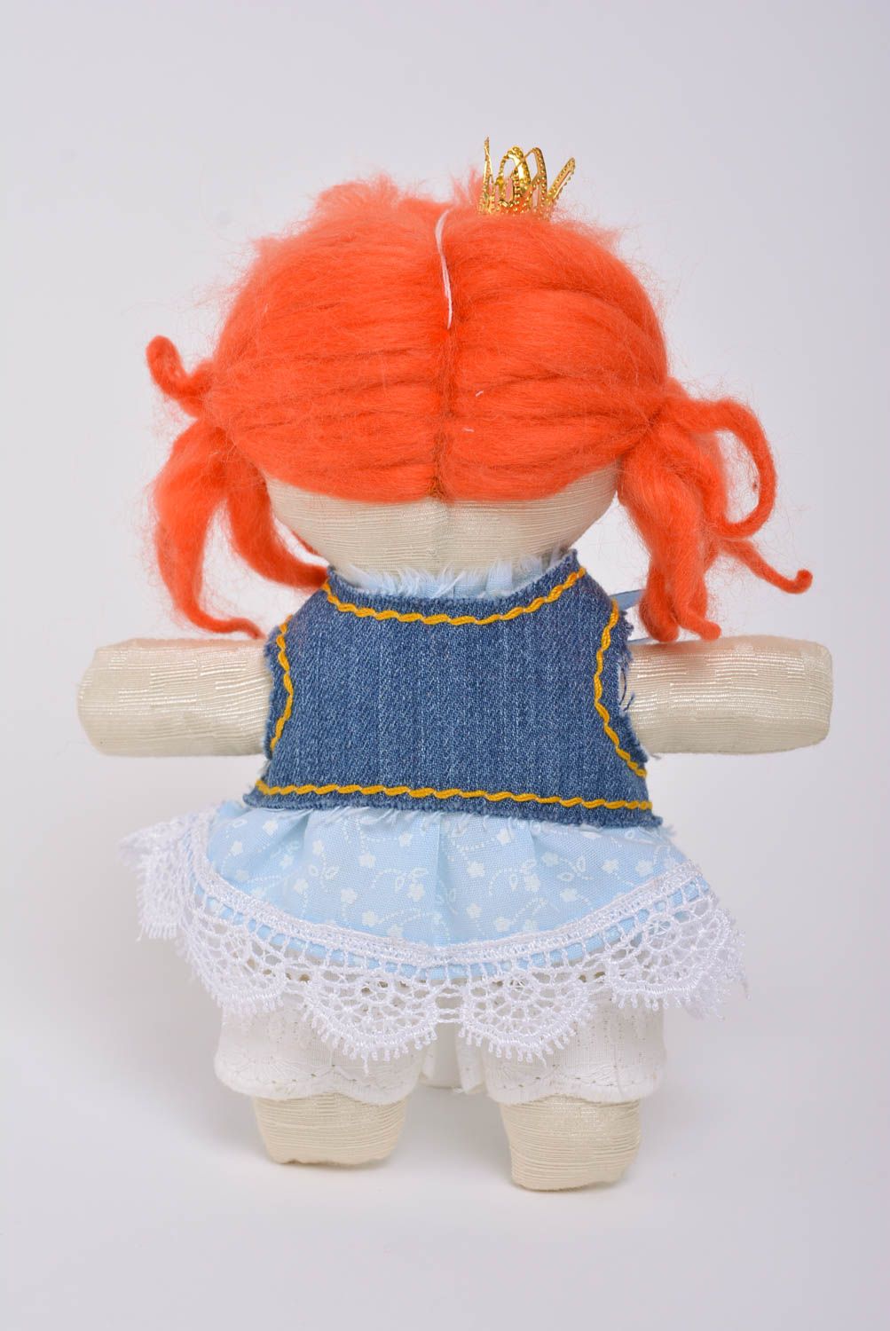 Handmade small fabric soft doll little princess in denim dress with ginger hair photo 3