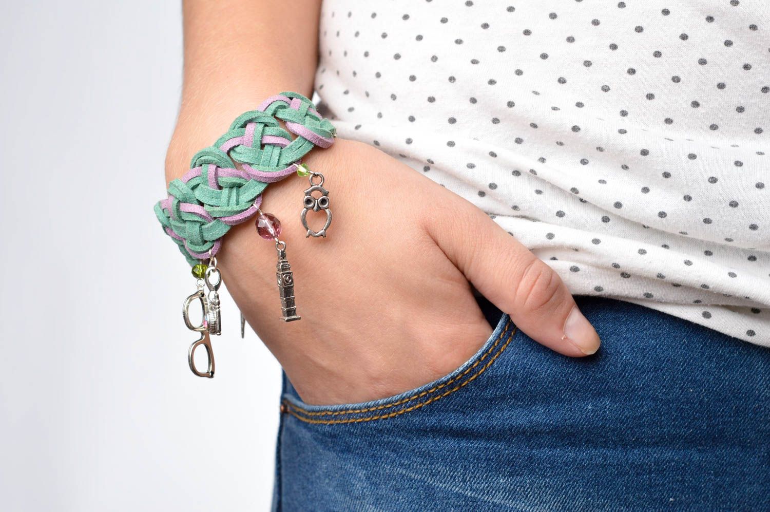 Armband Frauen handmade eleganter Schmuck für Frauen grün lila Wildleder Armband foto 1