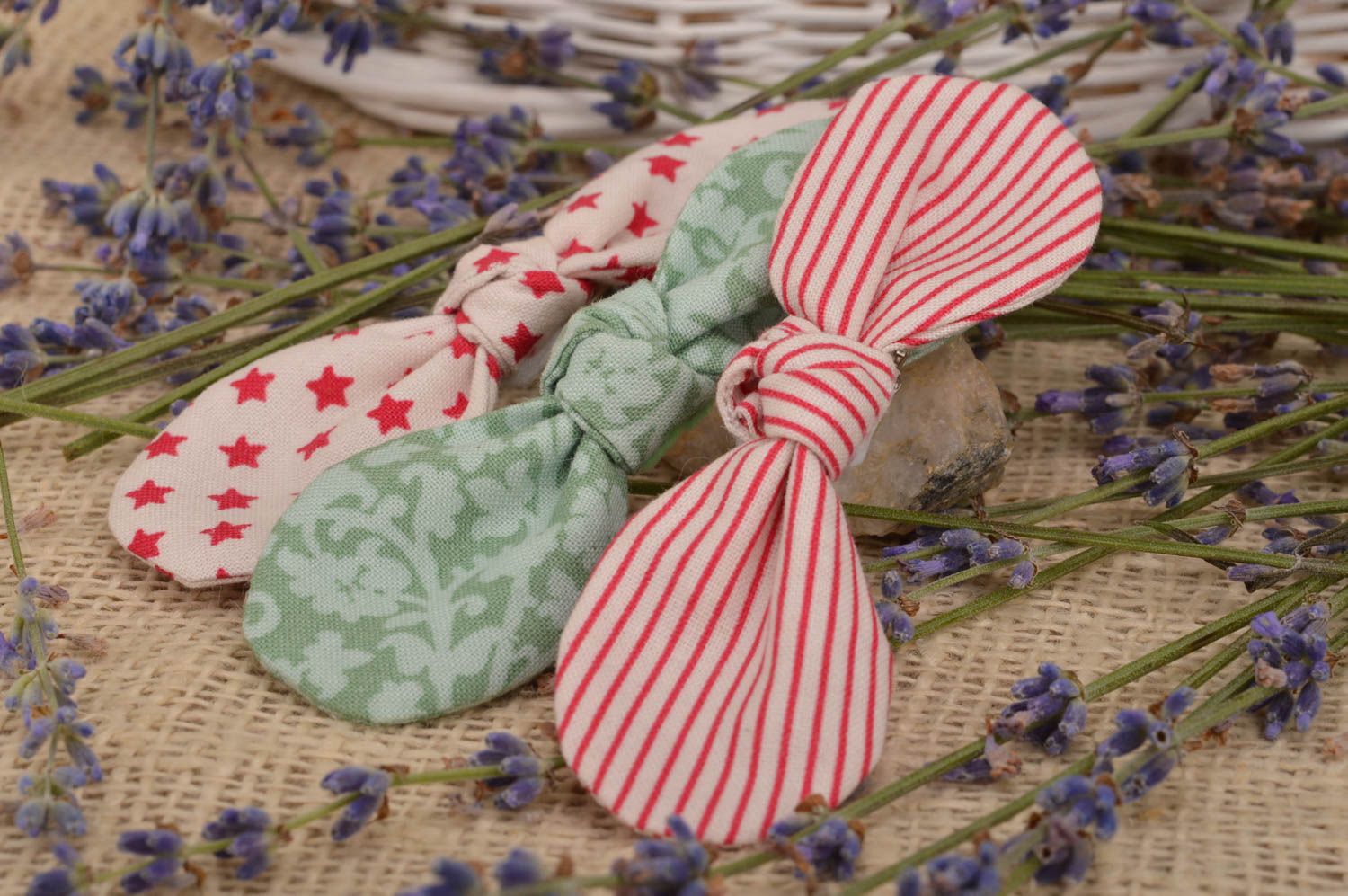 Set of 3 handmade children's designer fabric bow barrettes with different prints photo 1