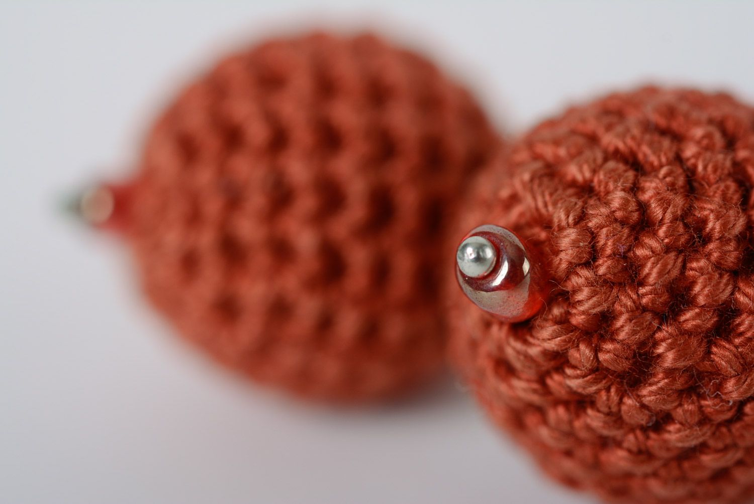 Handmade round dangle earrings crocheted of terracotta cotton threads for women  photo 5