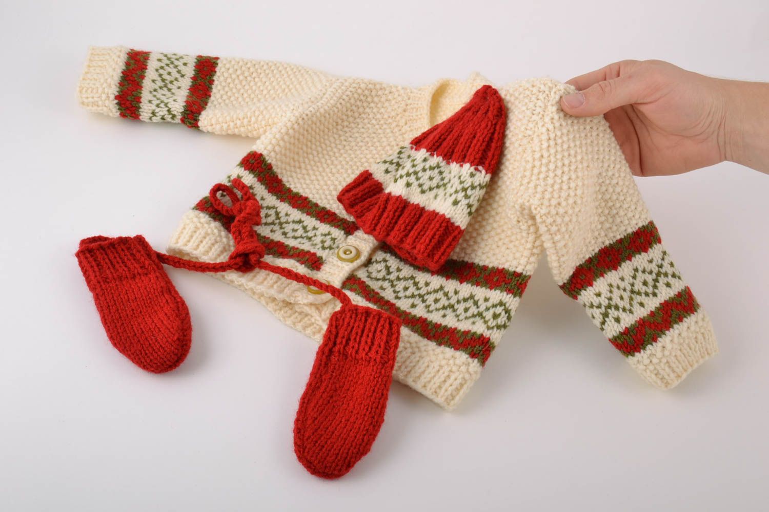 Ensemble de tricot pour bébé gilet bonnet moufles en laine fait main blanc rouge photo 2