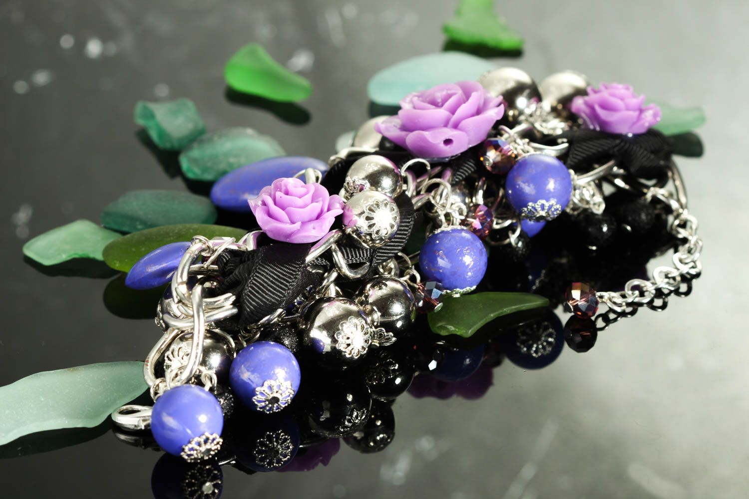 Purple roses with blue beads large bracelet charm bracelet for women photo 1