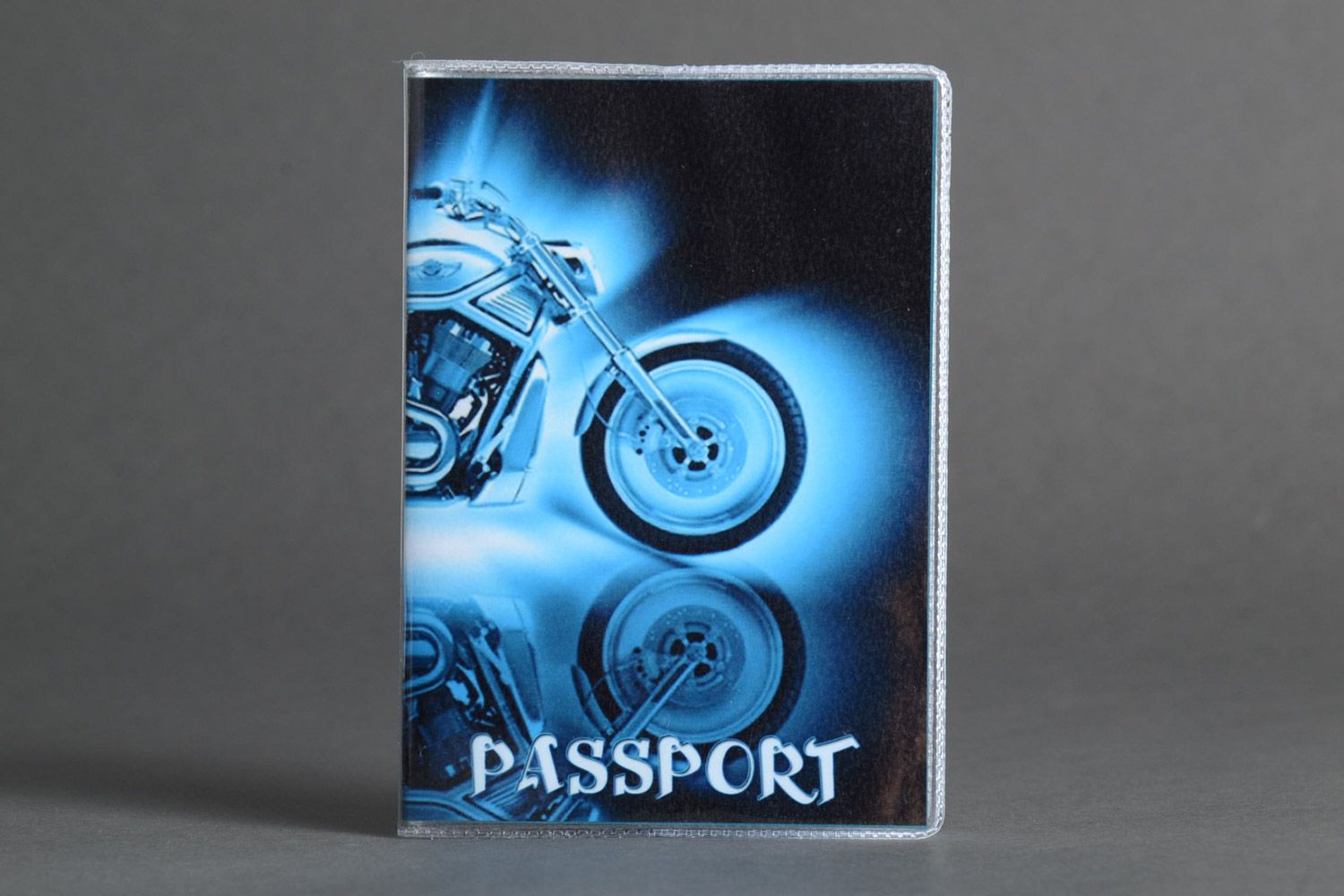 Handmade plastic passport cover in blue color palette with image of bike photo 1