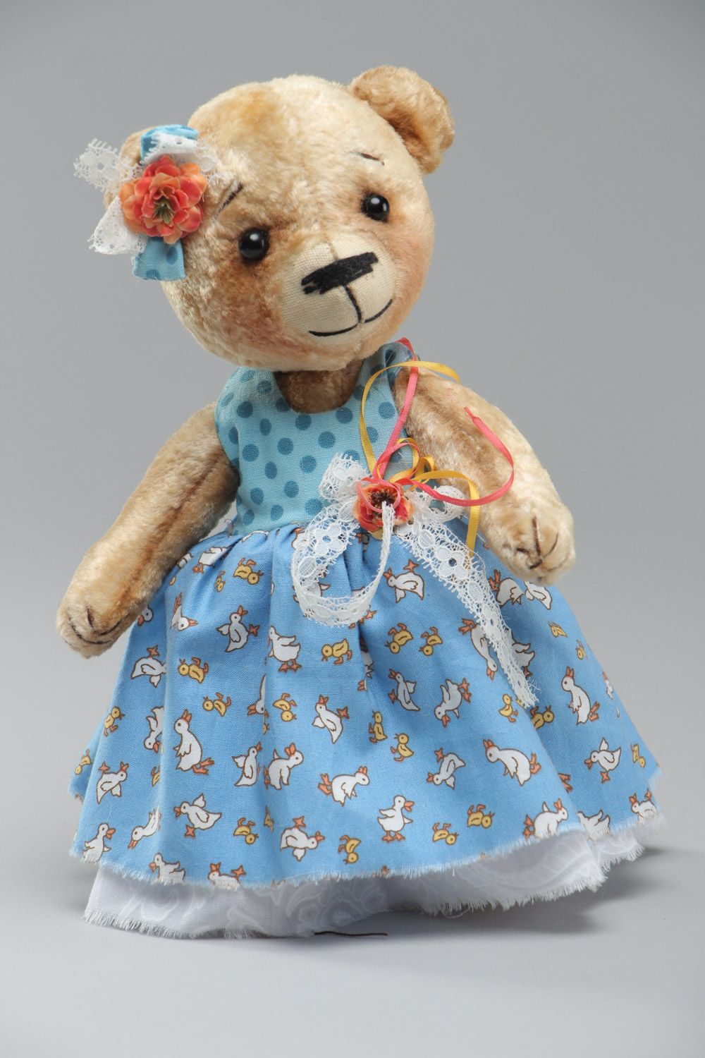 Handmade light plush soft toy bear in blue sun dress for children photo 2
