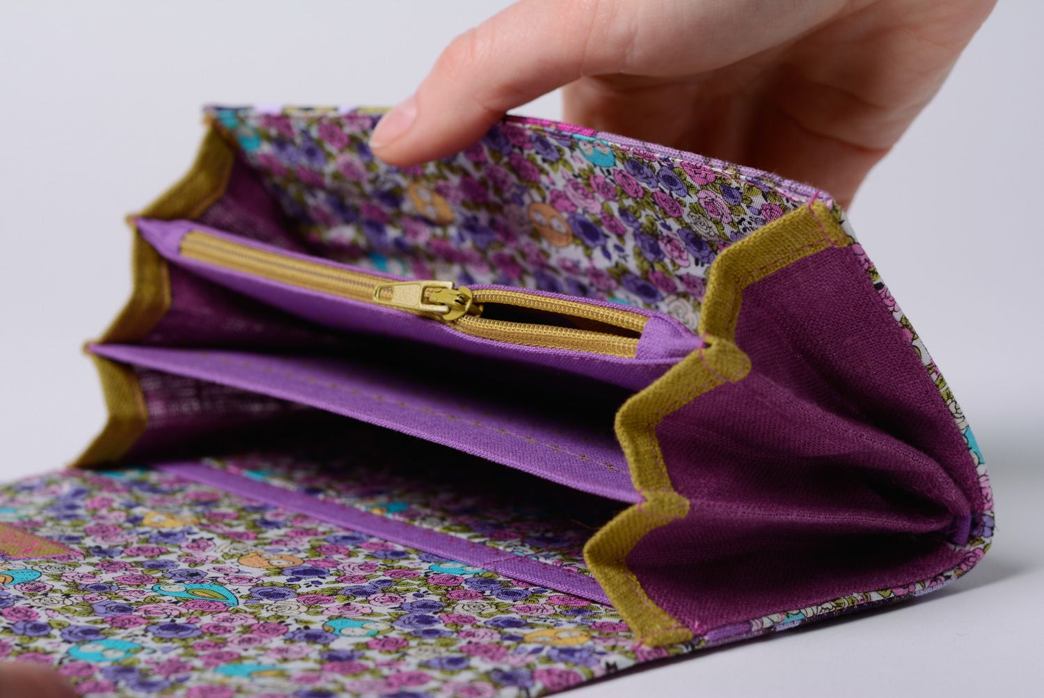 Joli portefeuille en tissu de coton et lin fait main avec bouton-pression photo 5