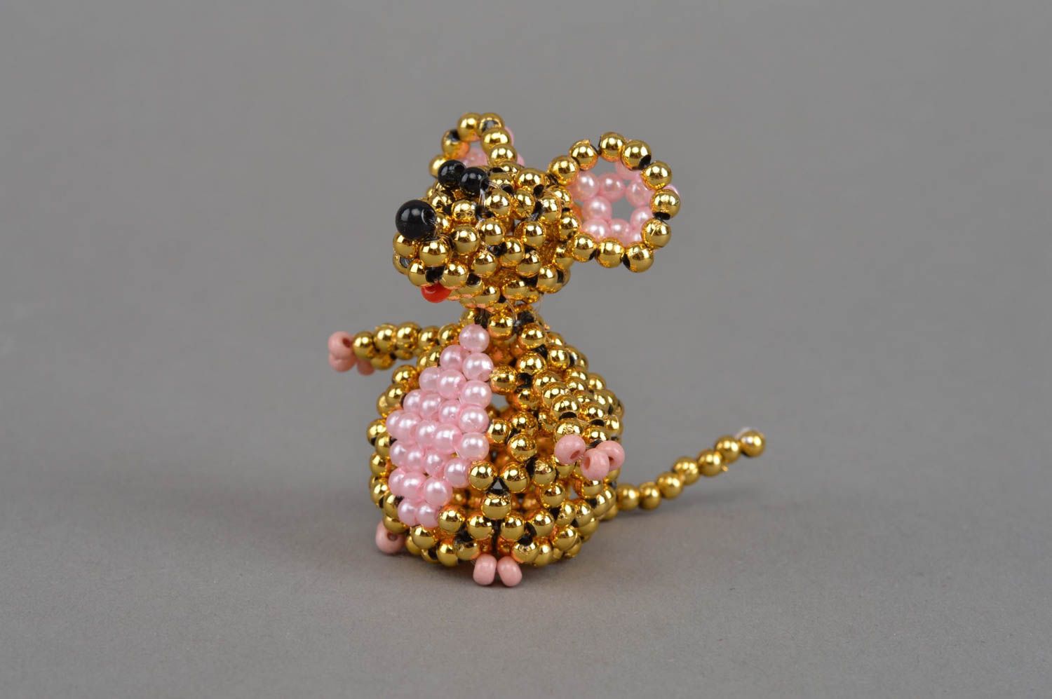 Handmade miniature collectible bead woven animal figurine of golden mouse photo 2