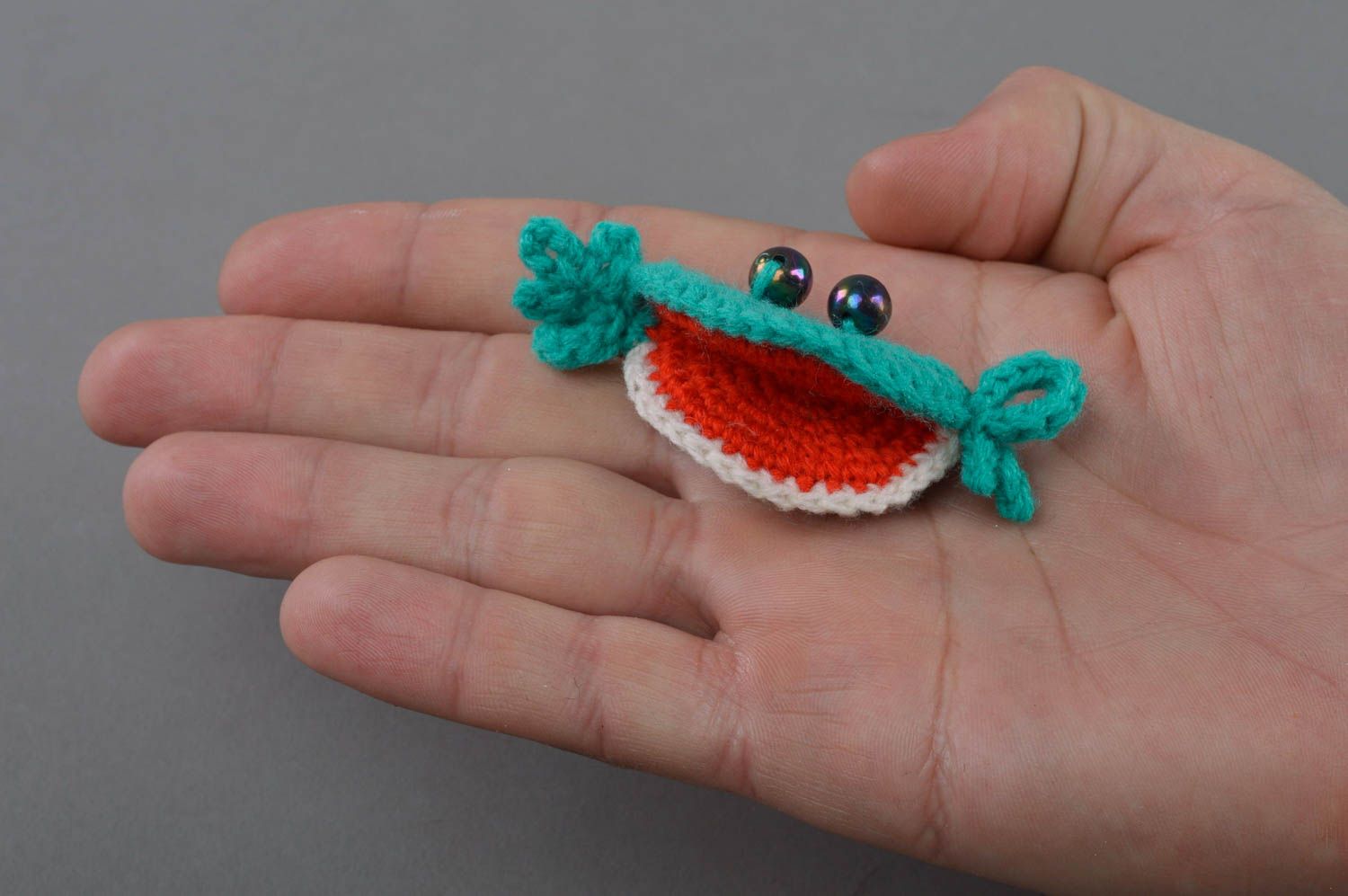 Soft crocheted toy frog with big mouth handmade colorful present for children photo 4