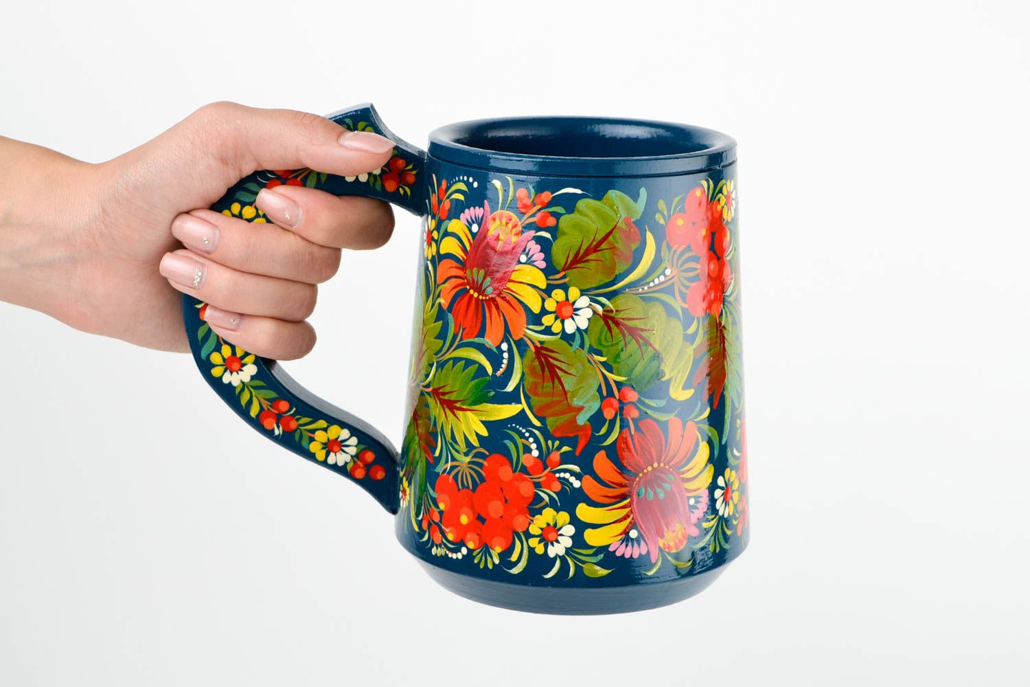 Tasse bois fait main Mug original bleu motif fleurs Vaisselle en bois décorative photo 2
