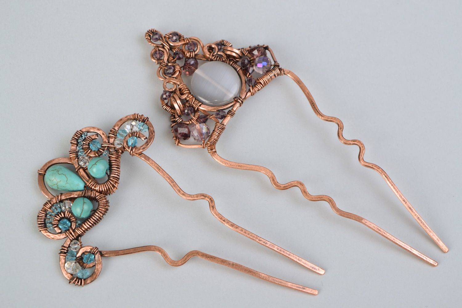 Copper hair pins with natural stones 2 items photo 3