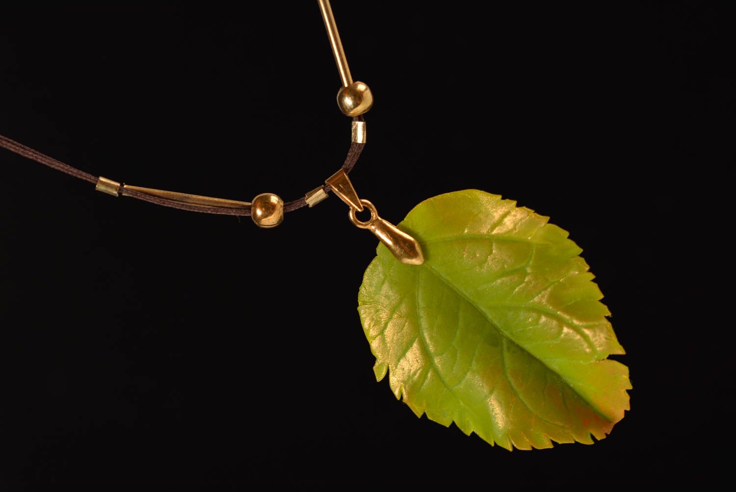 Beautiful handmade polymer clay pendant designer jewelry for women Green Leaf photo 4