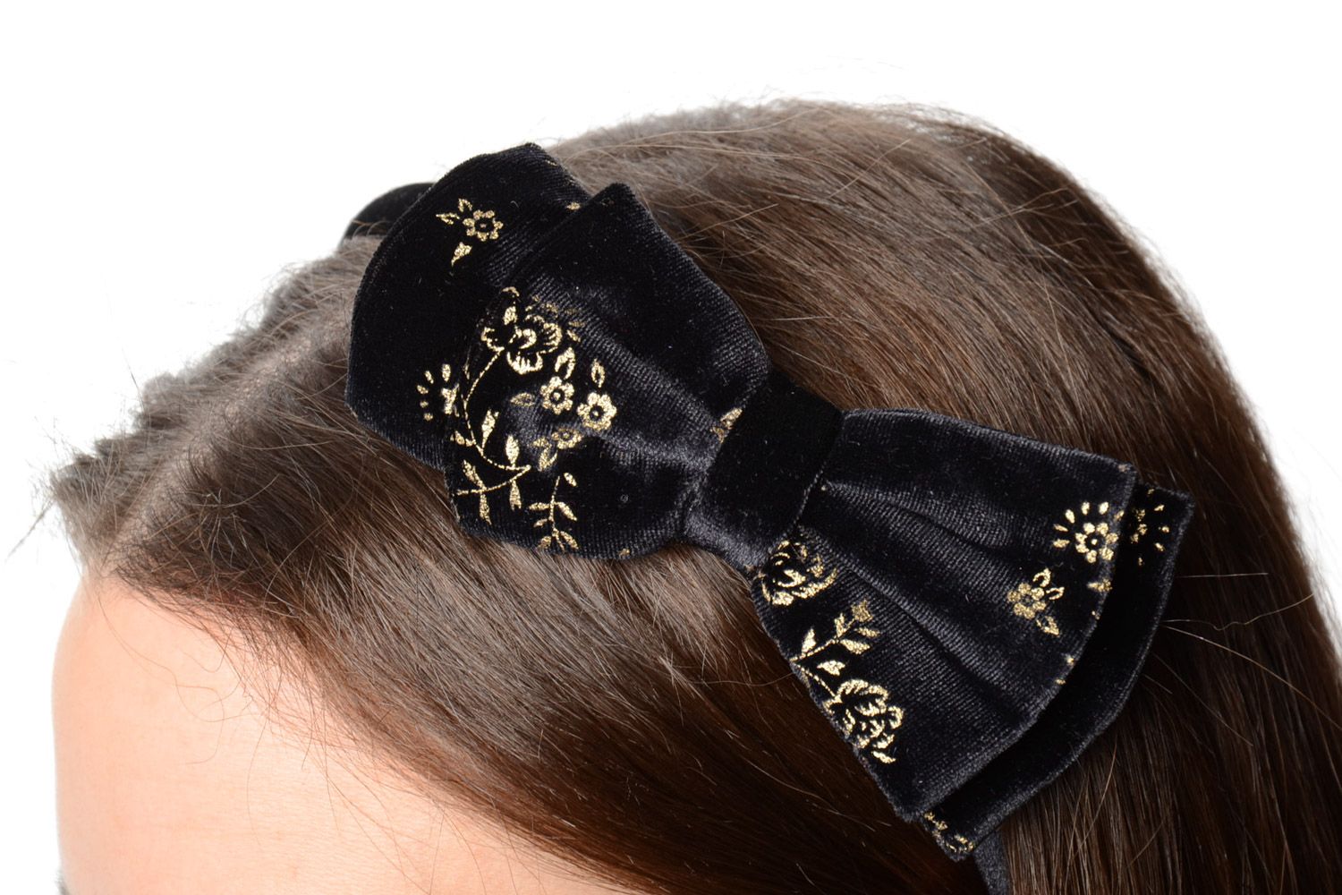 Festive handmade women's headband with bow created of silk and velvet photo 1