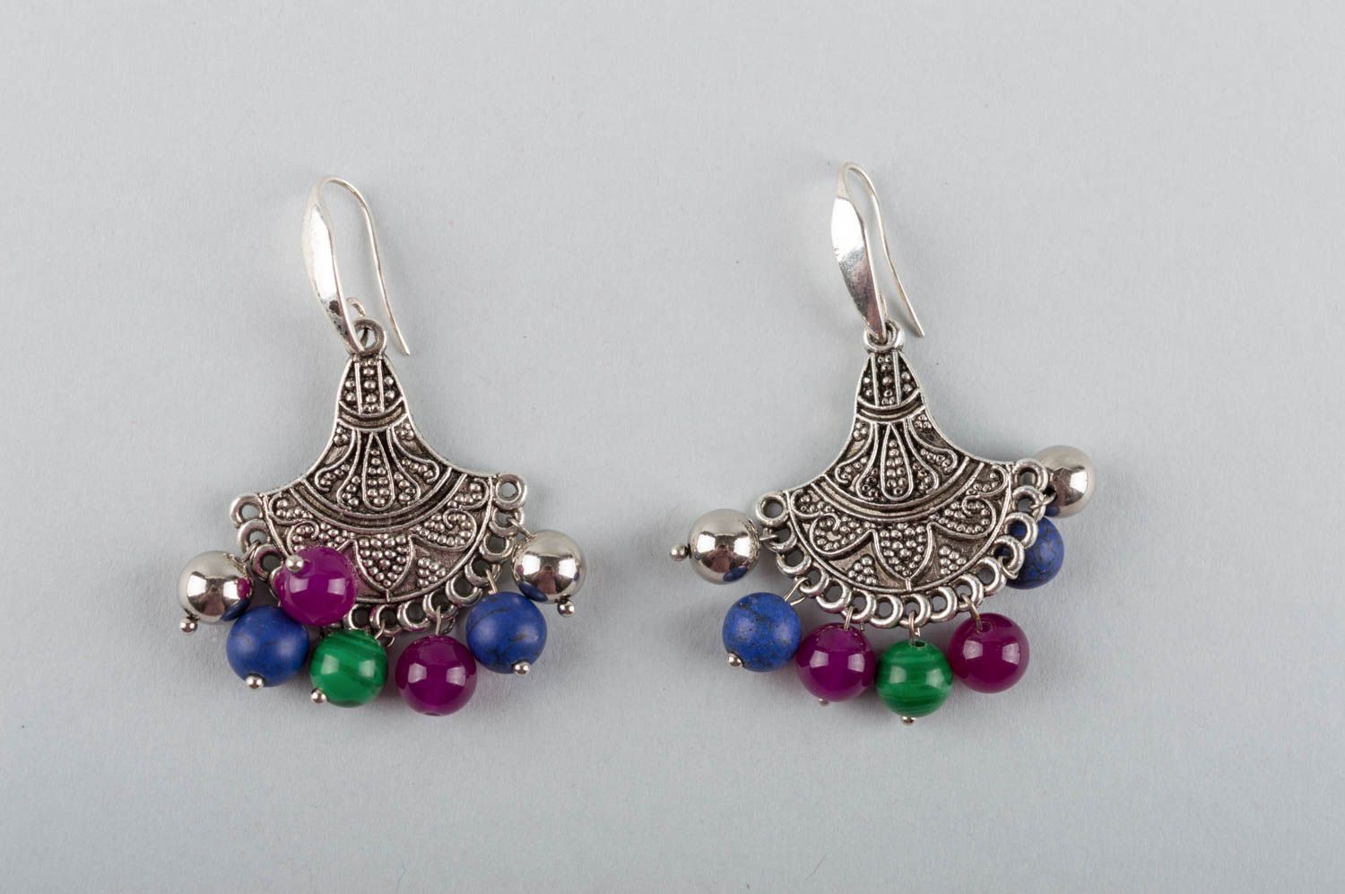 Handmade designer metal dangling earrings with malachite lazuli and nephrite photo 2