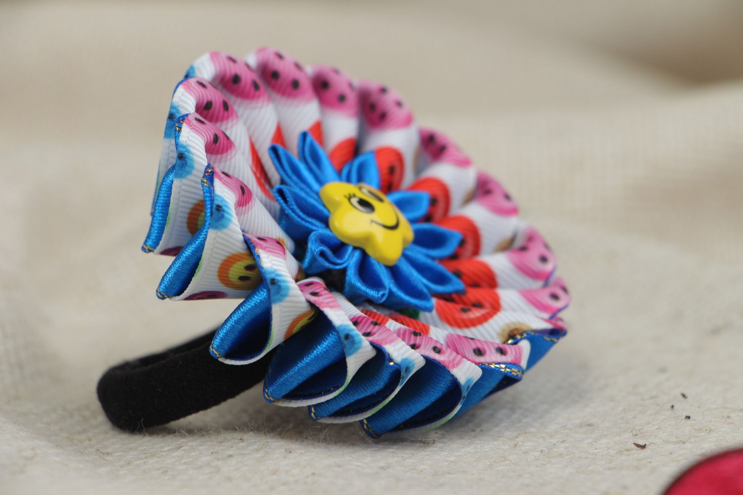 Handmade motley hair tie with volume kanzashi flower made of rep and satin ribbons photo 5