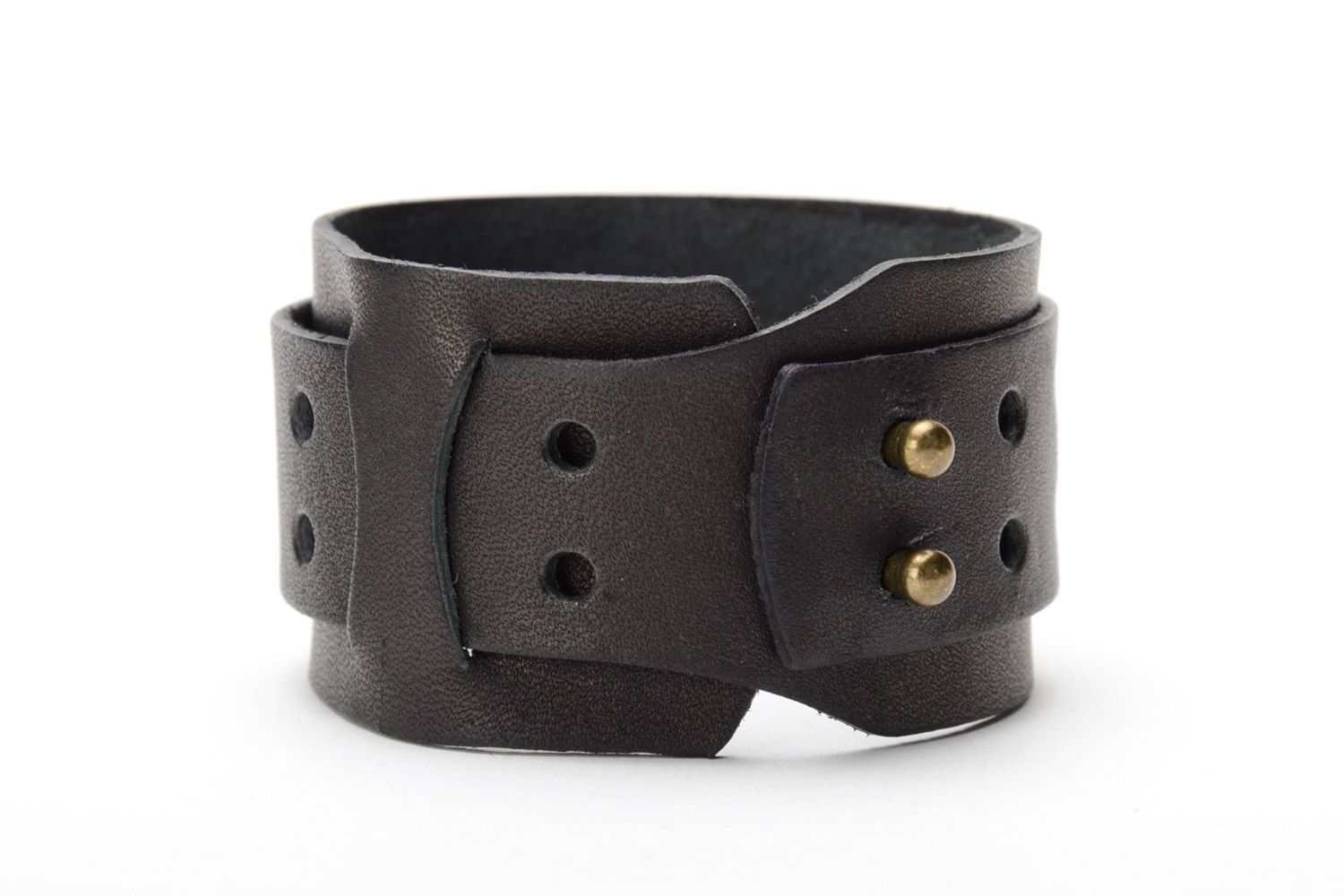 Unisex handmade black genuine leather wide bracelet photo 6