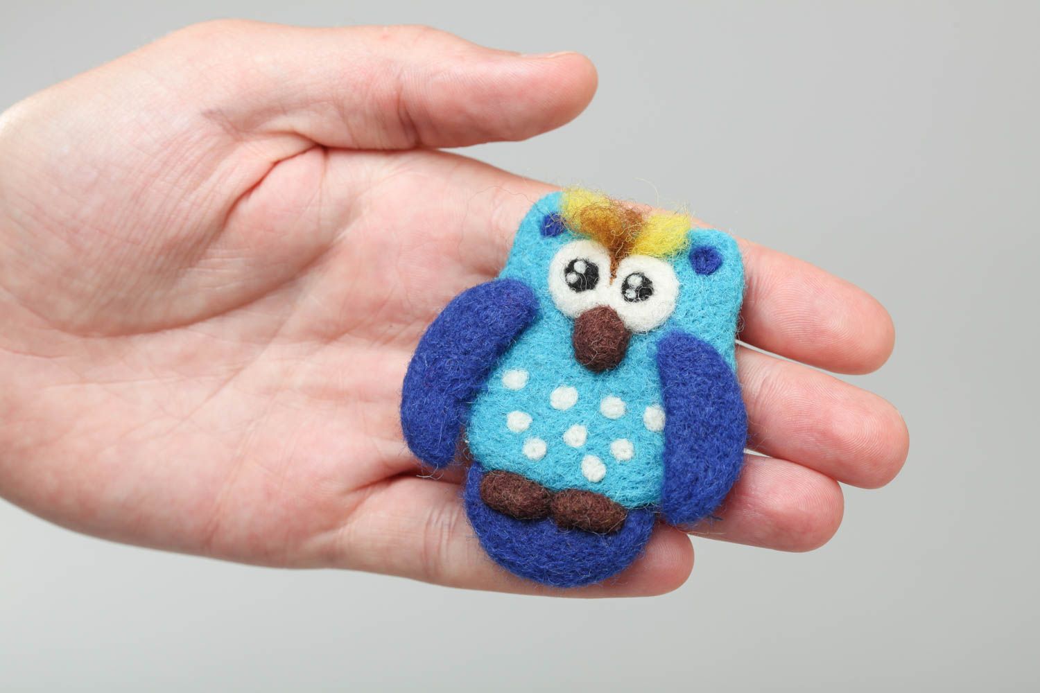 Handmade designer small funny animal brooch felted of wool blue owl for kids photo 5