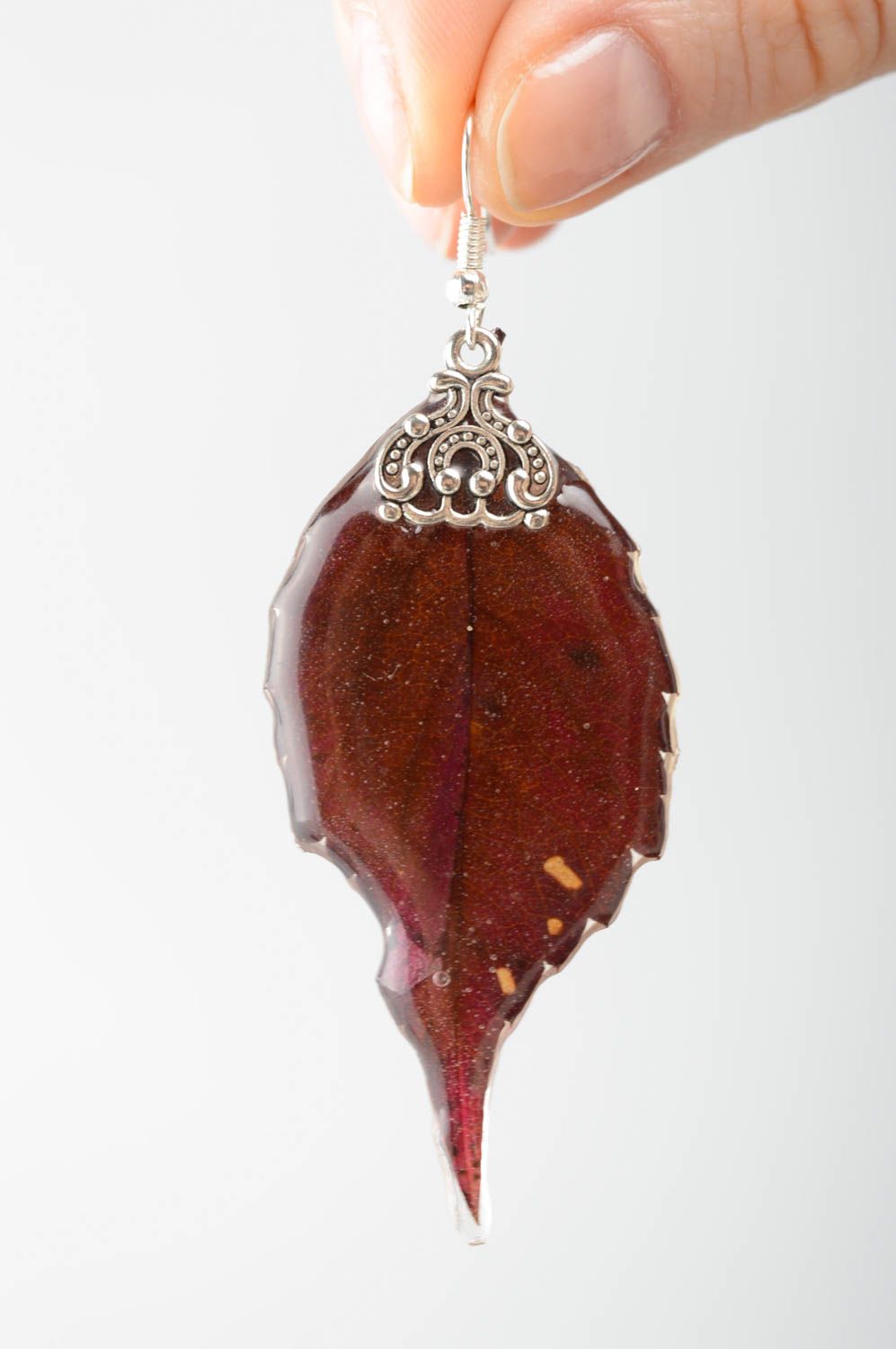 Dangle earrings with real leaves of wild grapes coated with epoxy resin photo 3