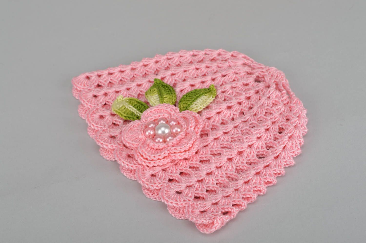 Bonnet fille fait main Bonnet tricot rose avec fleur ajouré Accessoire enfant photo 3