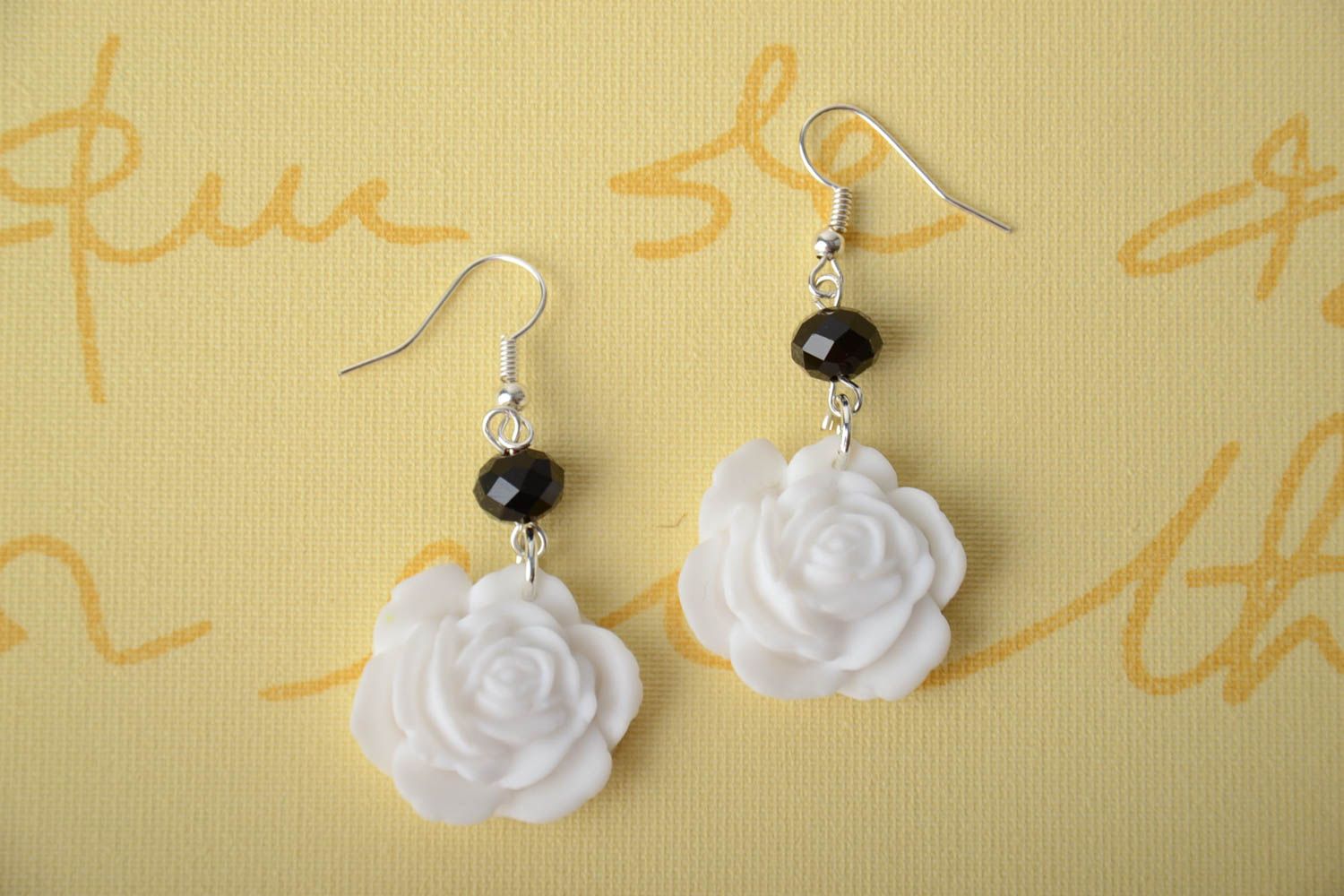 Handmade floral polymer clay dangling earrings white roses with black beads photo 1