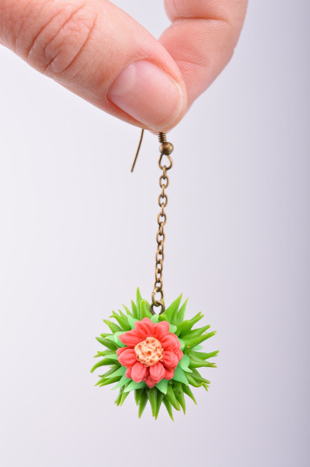 Bright handmade women's long plastic earrings in the shape of flowers photo 1