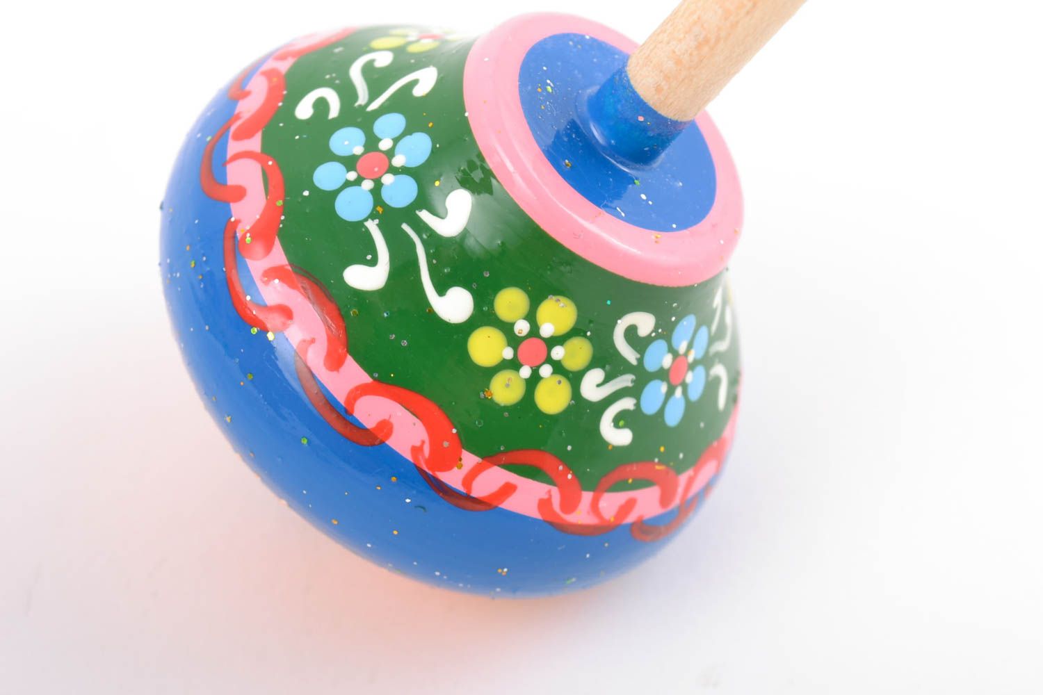 Toupie en bois faite main peinte de couleurs écologiques à motif floral bleu vert photo 5