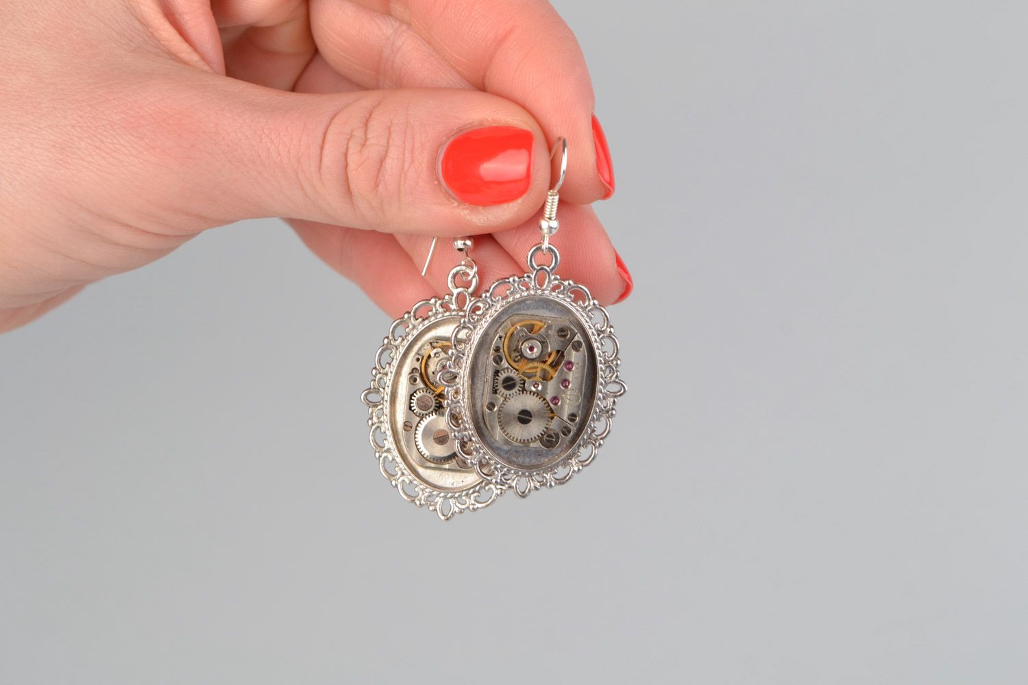 Handmade designer steampunk earrings with lace metal basis and clock mechanism photo 2