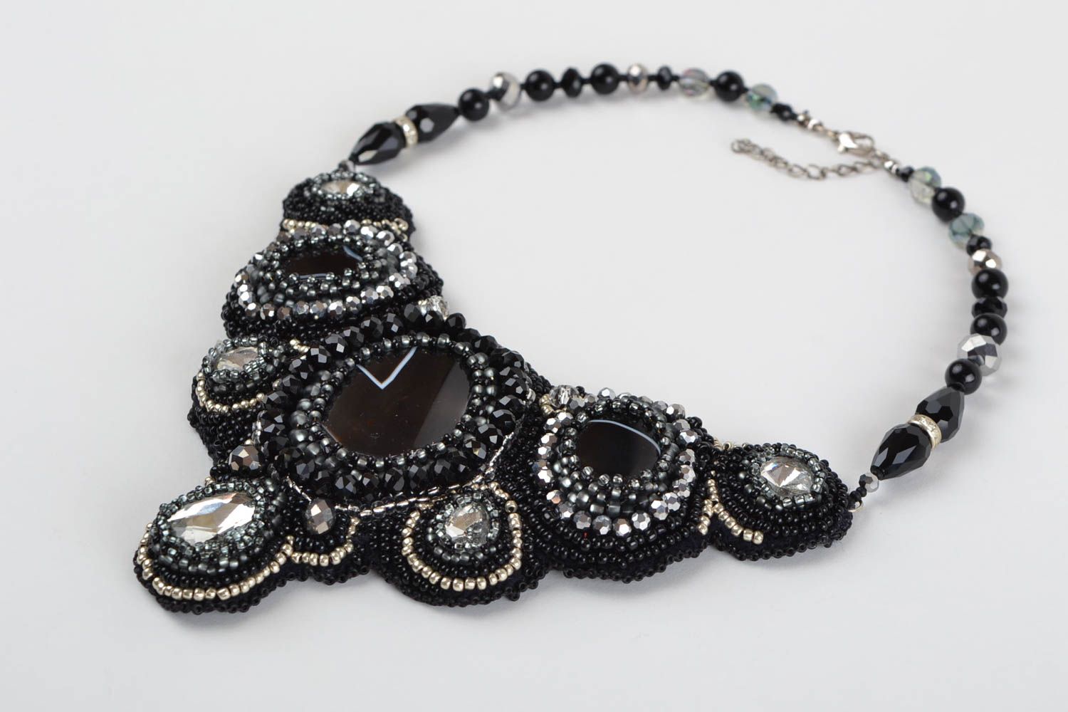 Beaded necklace with natural stones massive black handmade evening accessory photo 2
