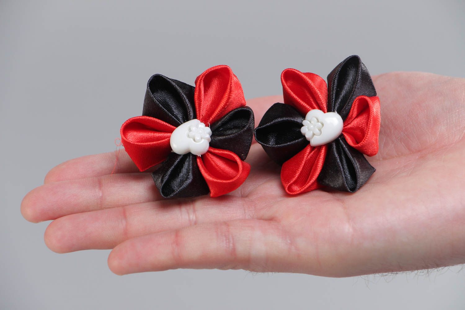 Handmade set of satin ribbon scrunchies made using kanzashi technique hair accessories photo 5