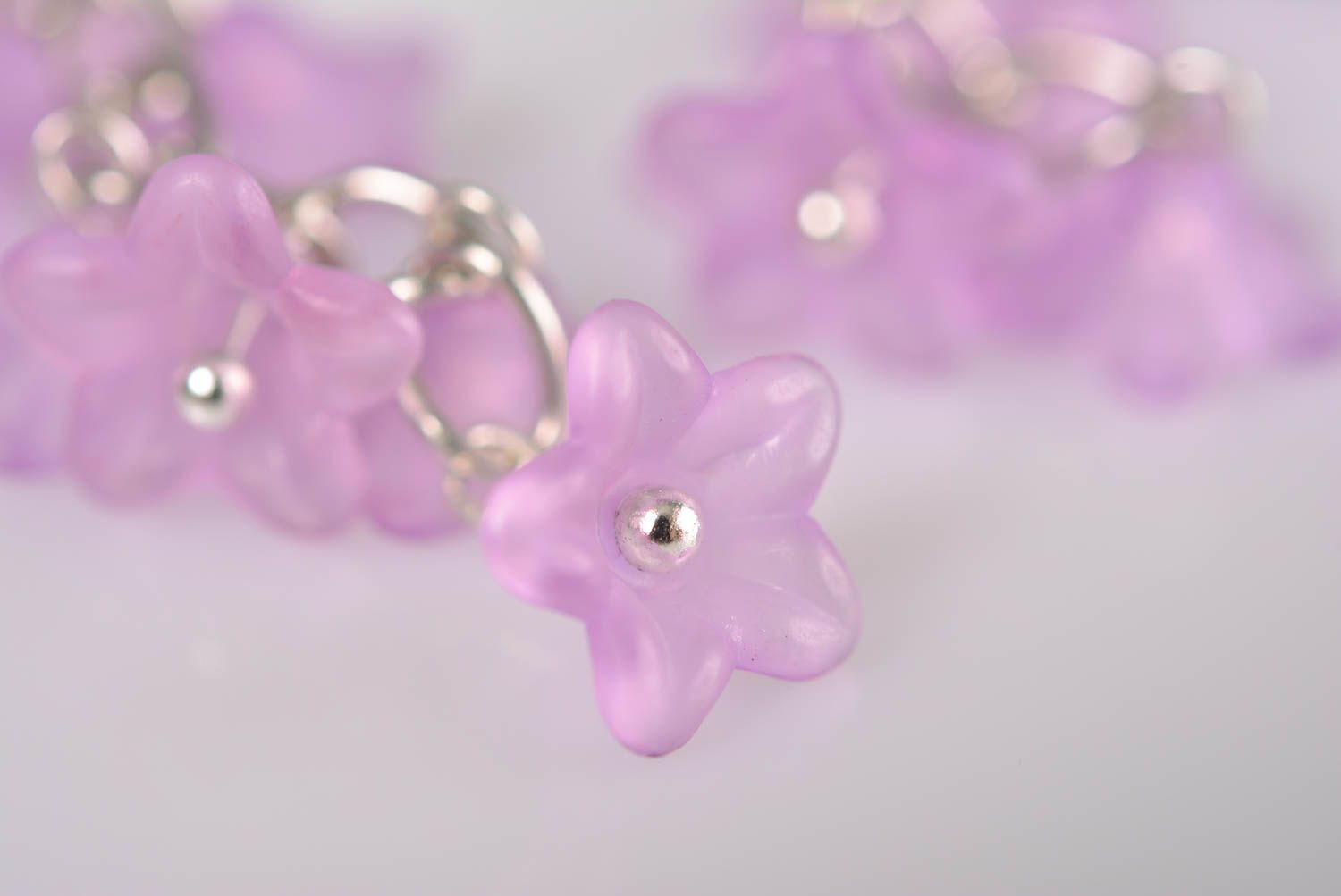Metal earrings with plastic lilac flowers handmade stylish designer accessory photo 3