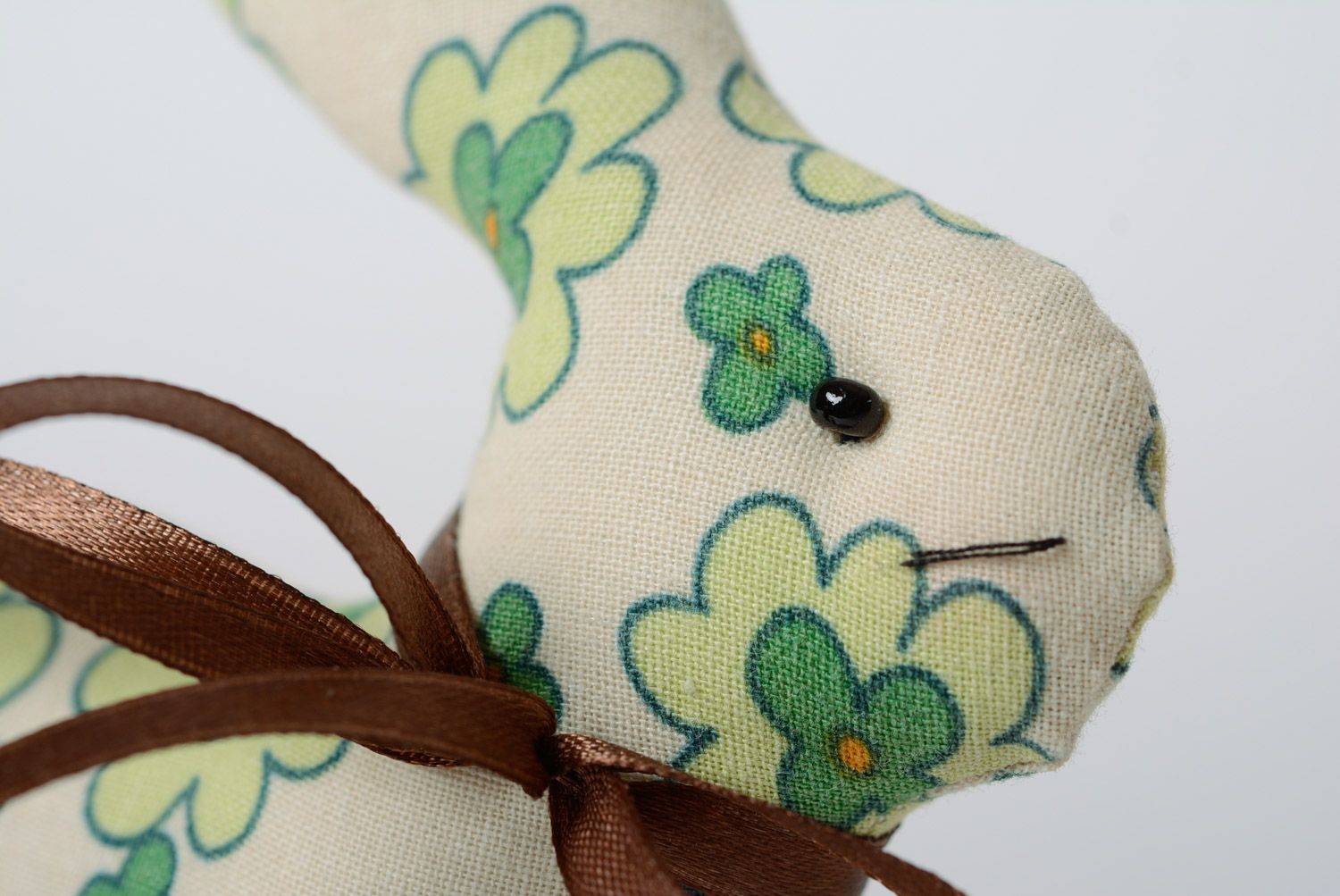 Handmade cotton fabric soft toy hare of green color with flower print photo 2