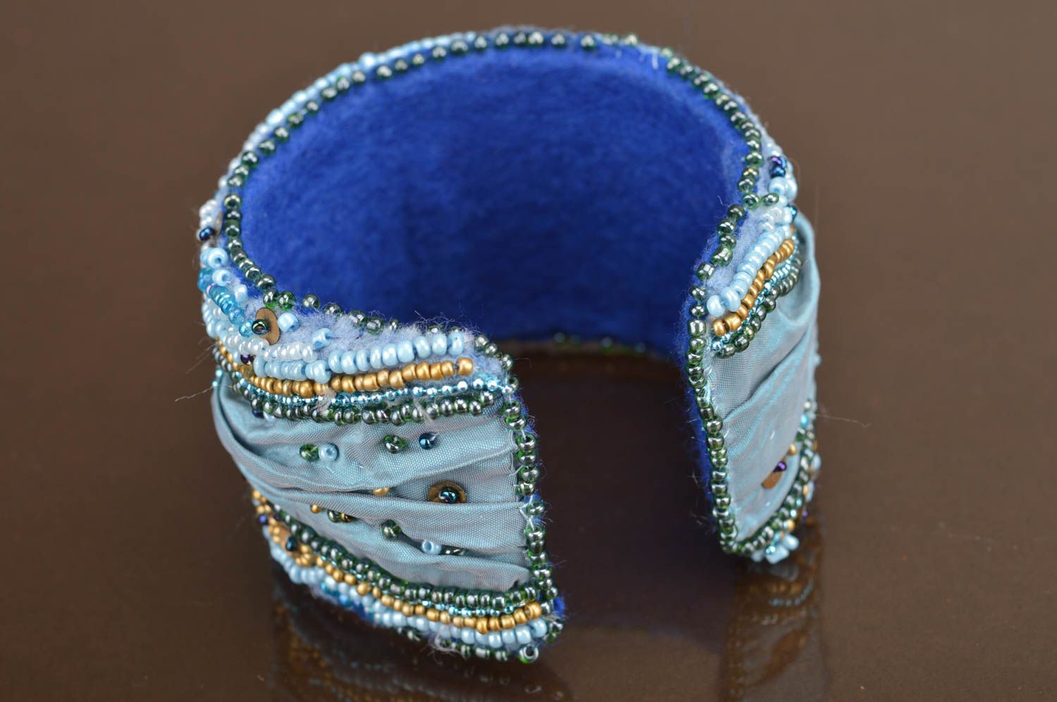 Handmade fabric massive bracelet in blue color decorated with beads photo 5